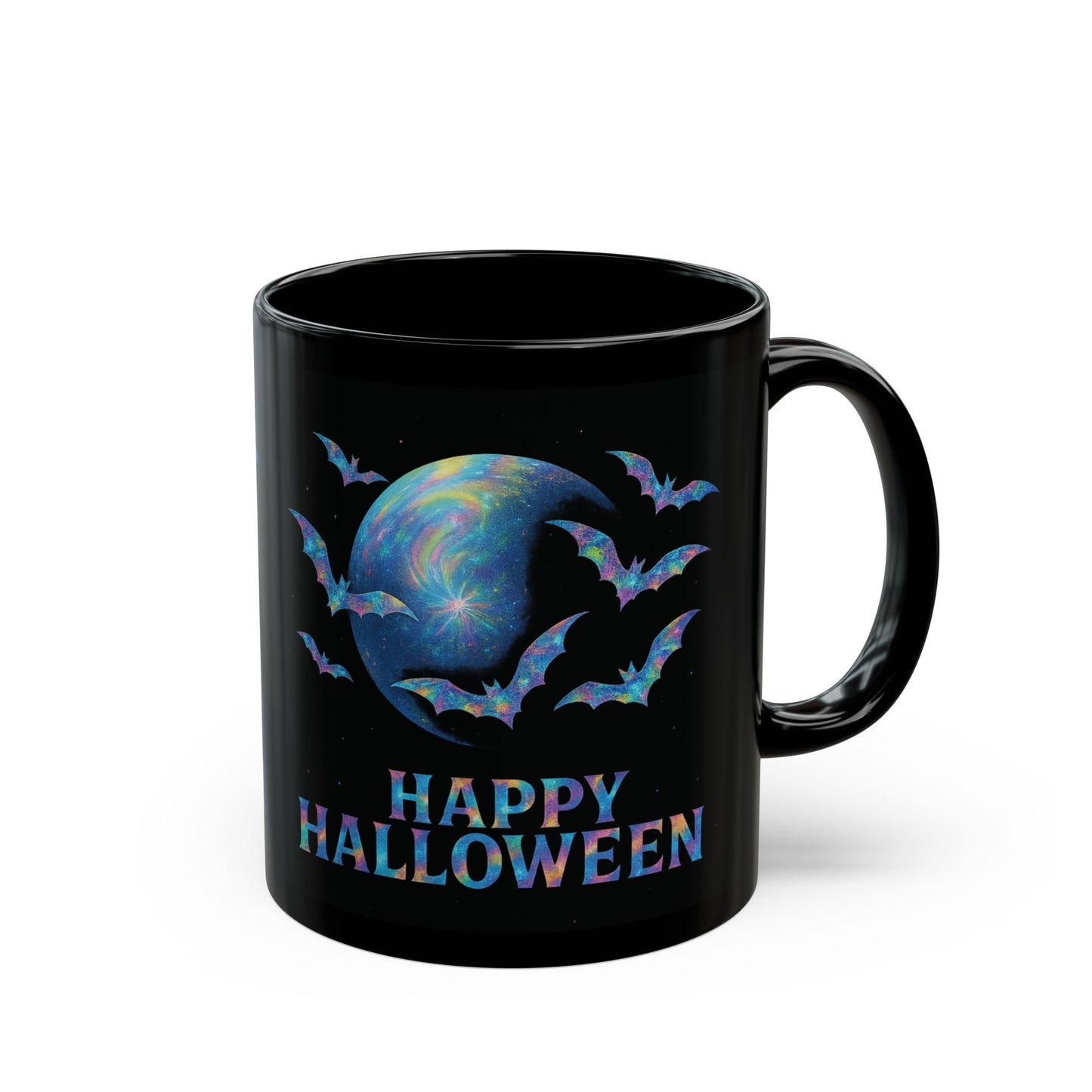 Happy Halloween Holographic Style Bat Mug, an essential addition to your coffee cup designs collection, celebrating the spooky season in style.