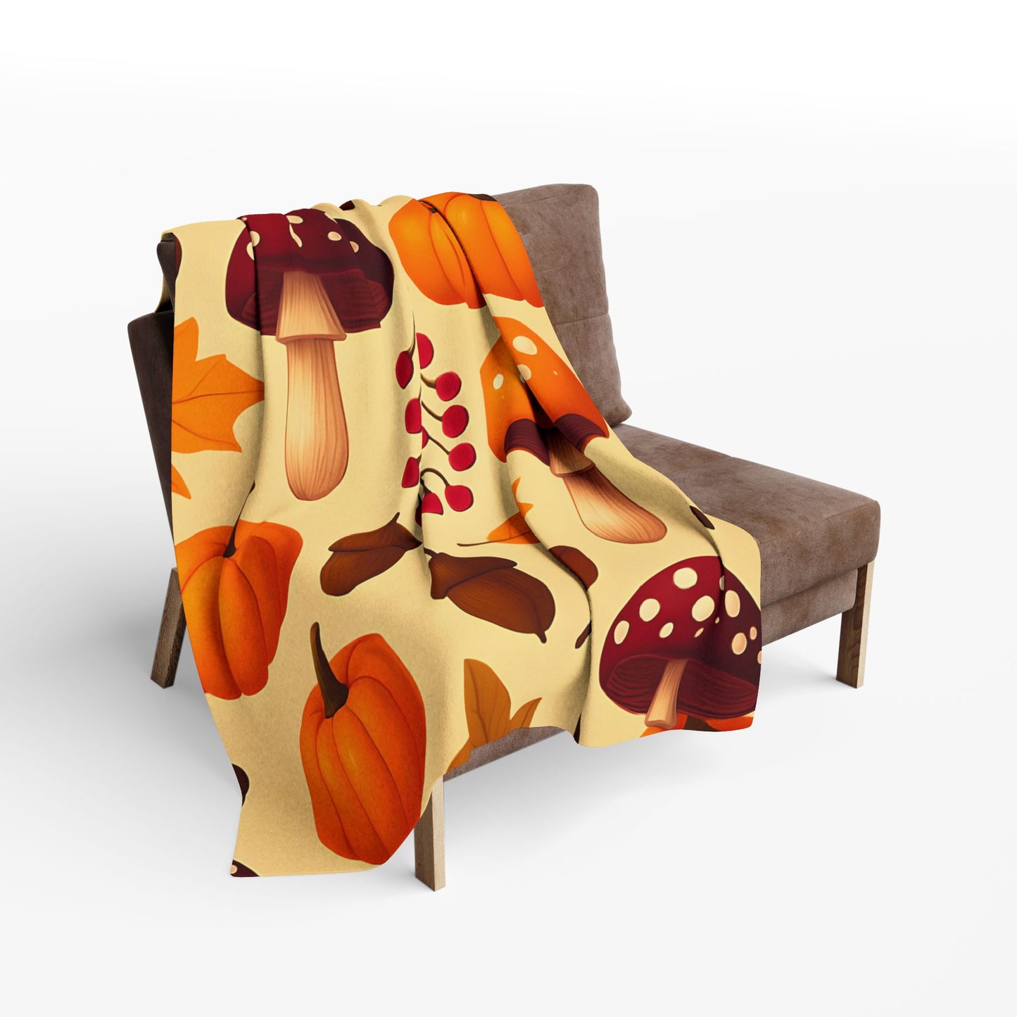 Cozy Autumn Pumpkin Blanket, This plush, cozy fleece blanket captures the essence of the season with its vibrant pumpkin and shroom motifs.