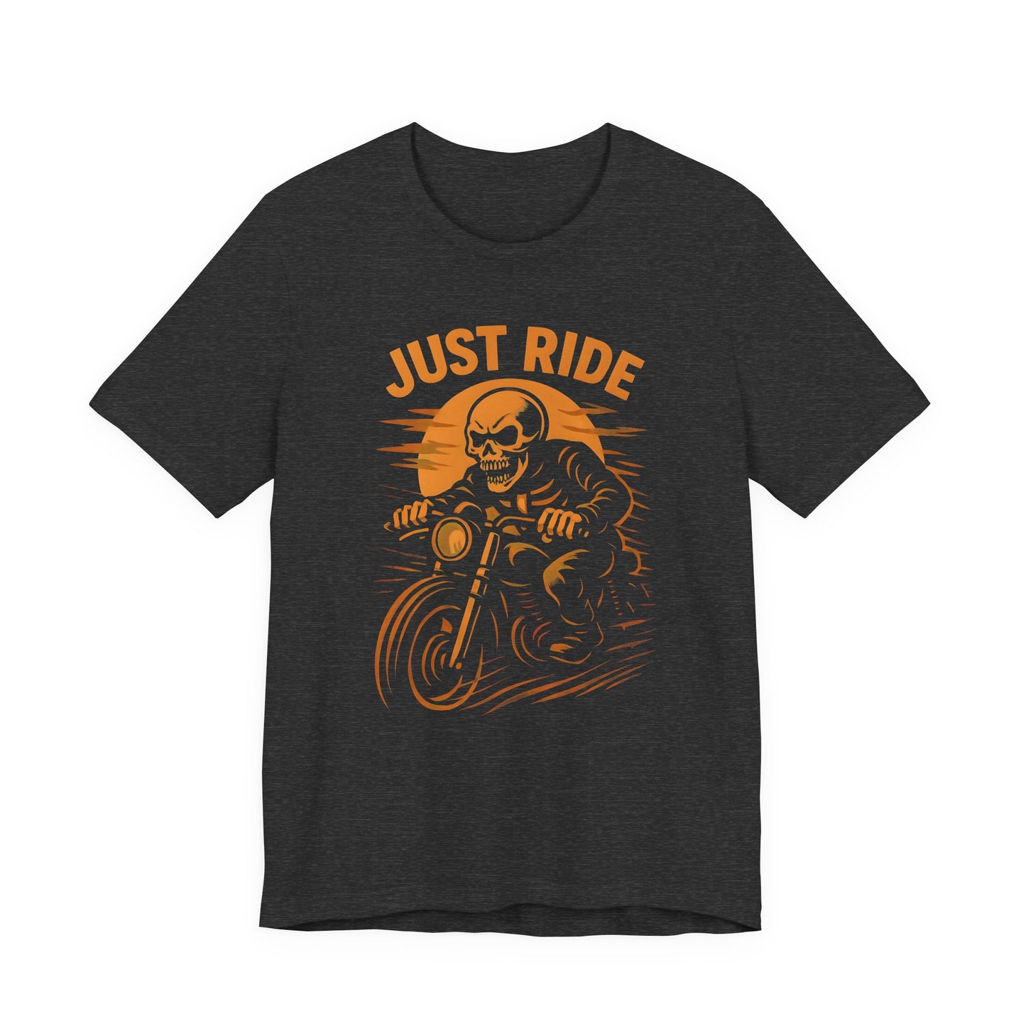Just Ride Skull Motorcycle T-Shirt, Featuring a striking skull graphic tee design, it captures the essence of the open road, making it a perfect ghost rider shirt for enthusiasts.
