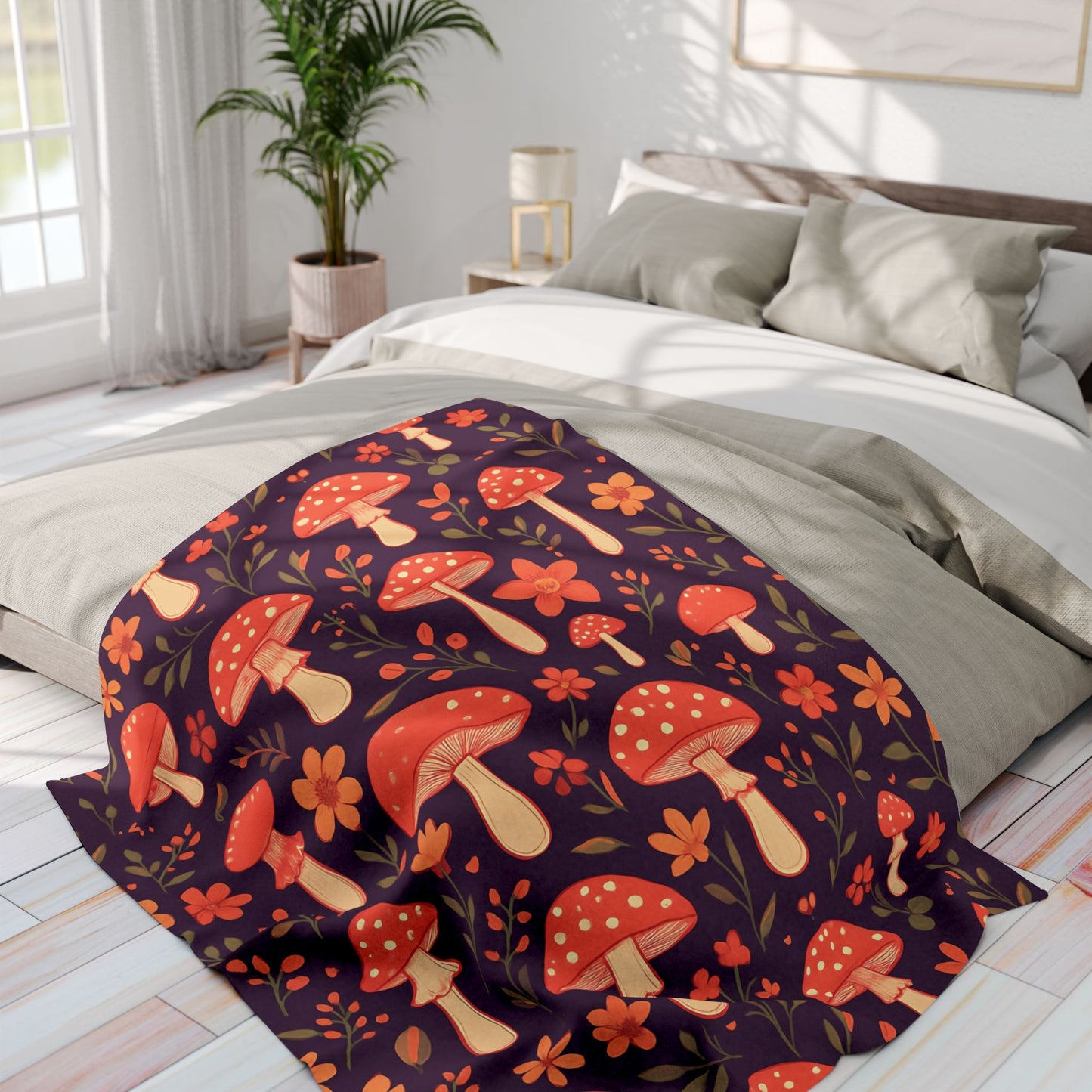 Cozy Mushroom Blanket, The enchanting mushroom pattern, set against a rich plum throw, turns any sofa into an autumnal paradise.