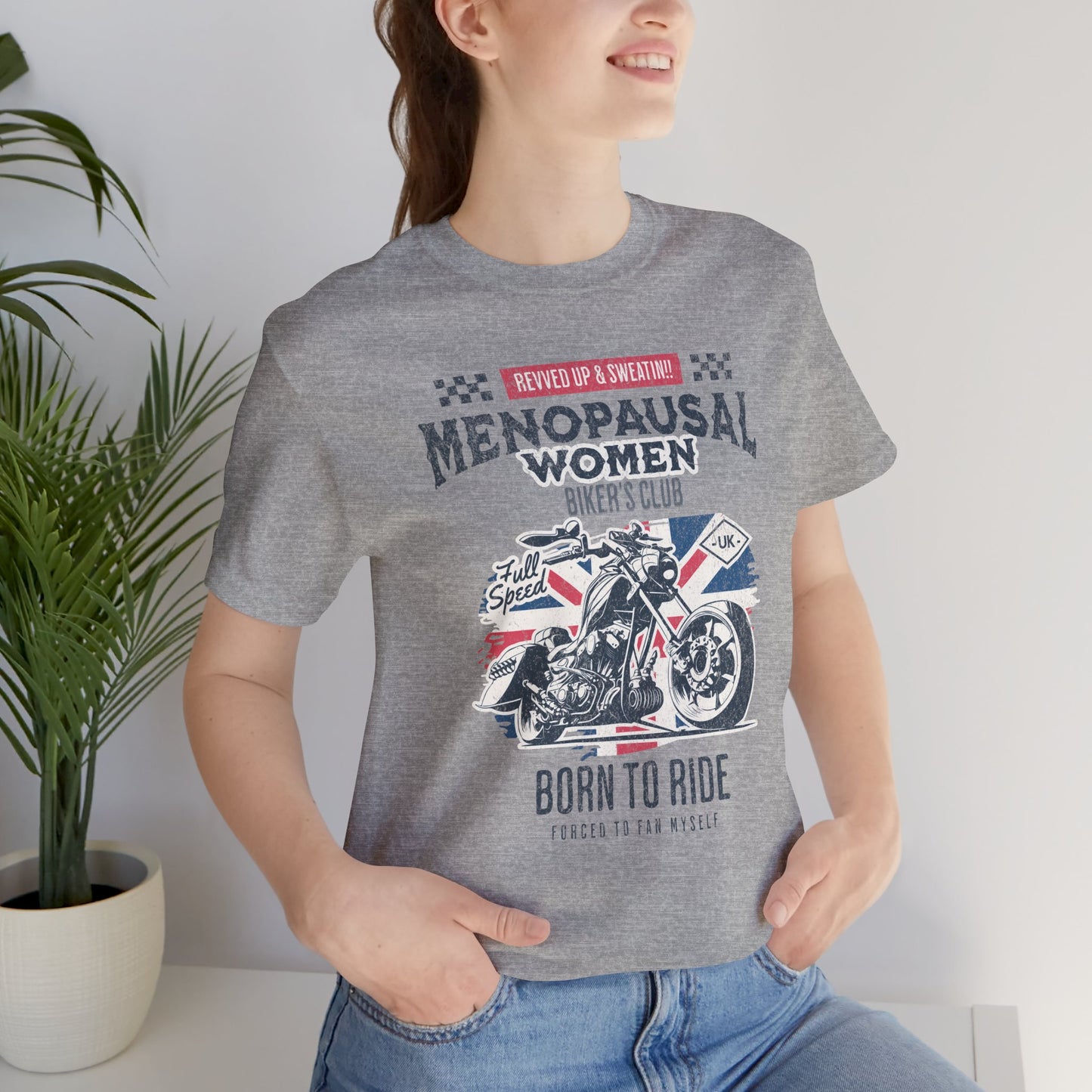 Menopausal Women's Biker Club T-Shirt, Menopause Humor Shirt, Female Biker Tee, Motorcycle Mom Gift, Moto Mama Shirt, Union Jack, Biker Babe