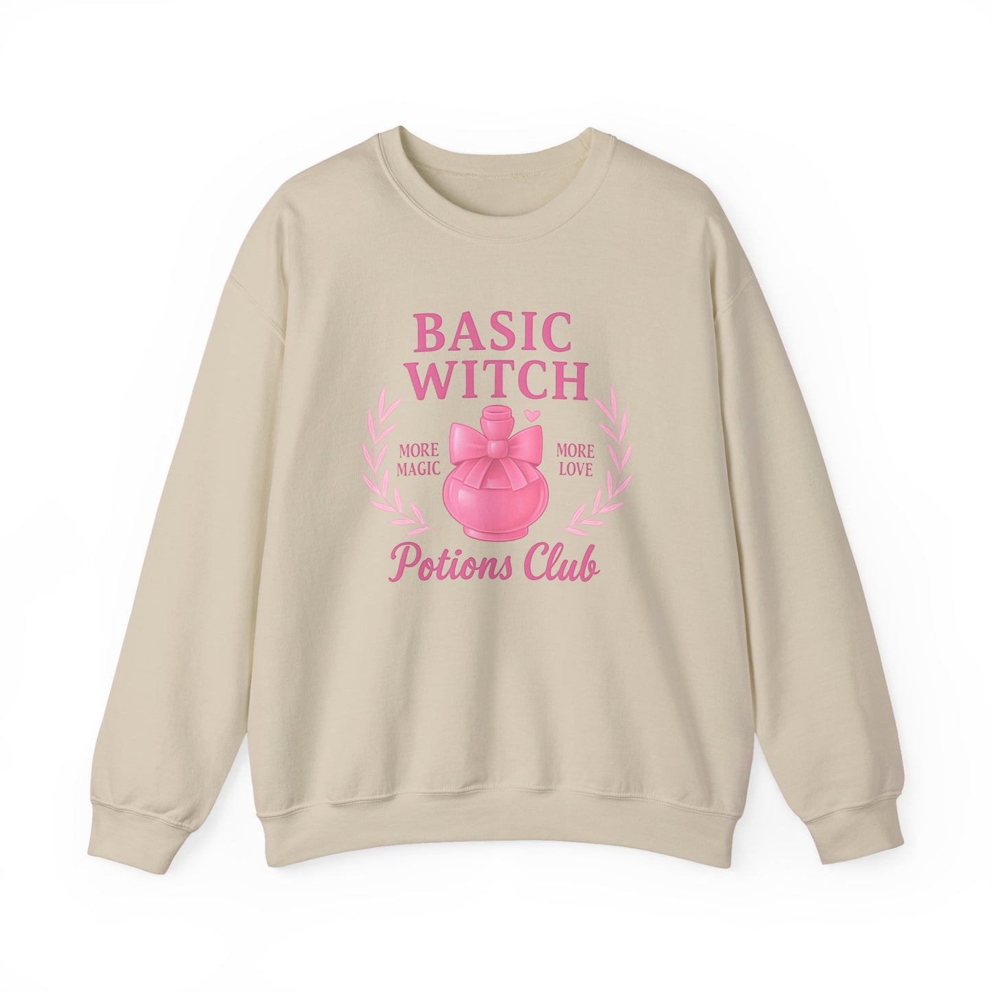Basic Witch Potions Club Sweatshirt, This witchy sweatshirt exudes autumnal charm with its soft fabric that’s perfect for sweater weather, and features a whimsical potion bottle design reminiscent of a witches brew.