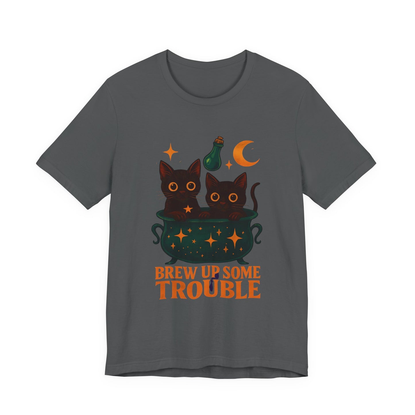 Brew Up Some Trouble Cat Witchy T-shirt, The seamless blend of mystical charm and humor makes this shirt a must-have for any lover of cute Halloween cat apparel.