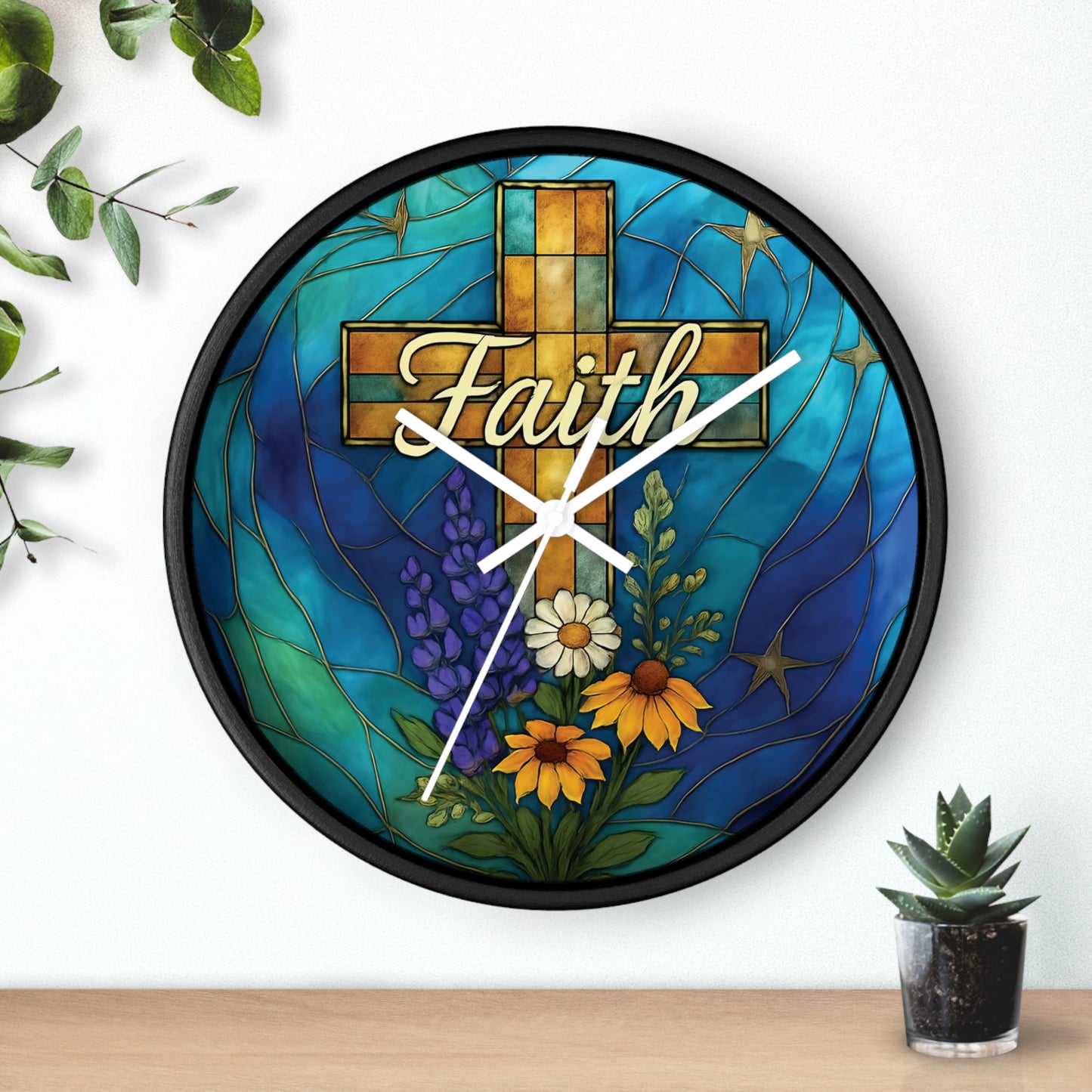 Christianity Faith Cross Stained Glass Effect Wall Clock, Perfect as a Christian clock or as thoughtful Christianity gifts.