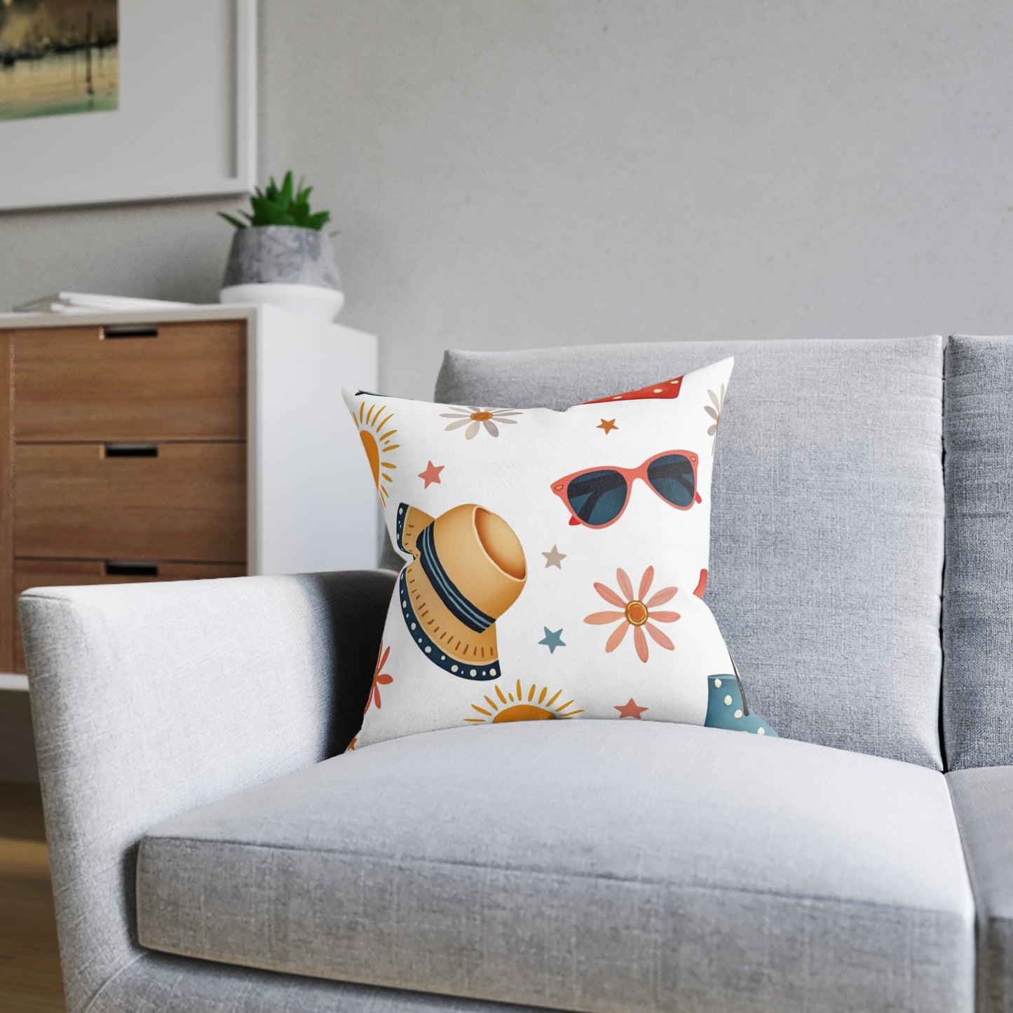 Sunny Day Square Pillow, bring a playful touch to any space. Its bright colours and fun patterns create a cheerful atmosphere.