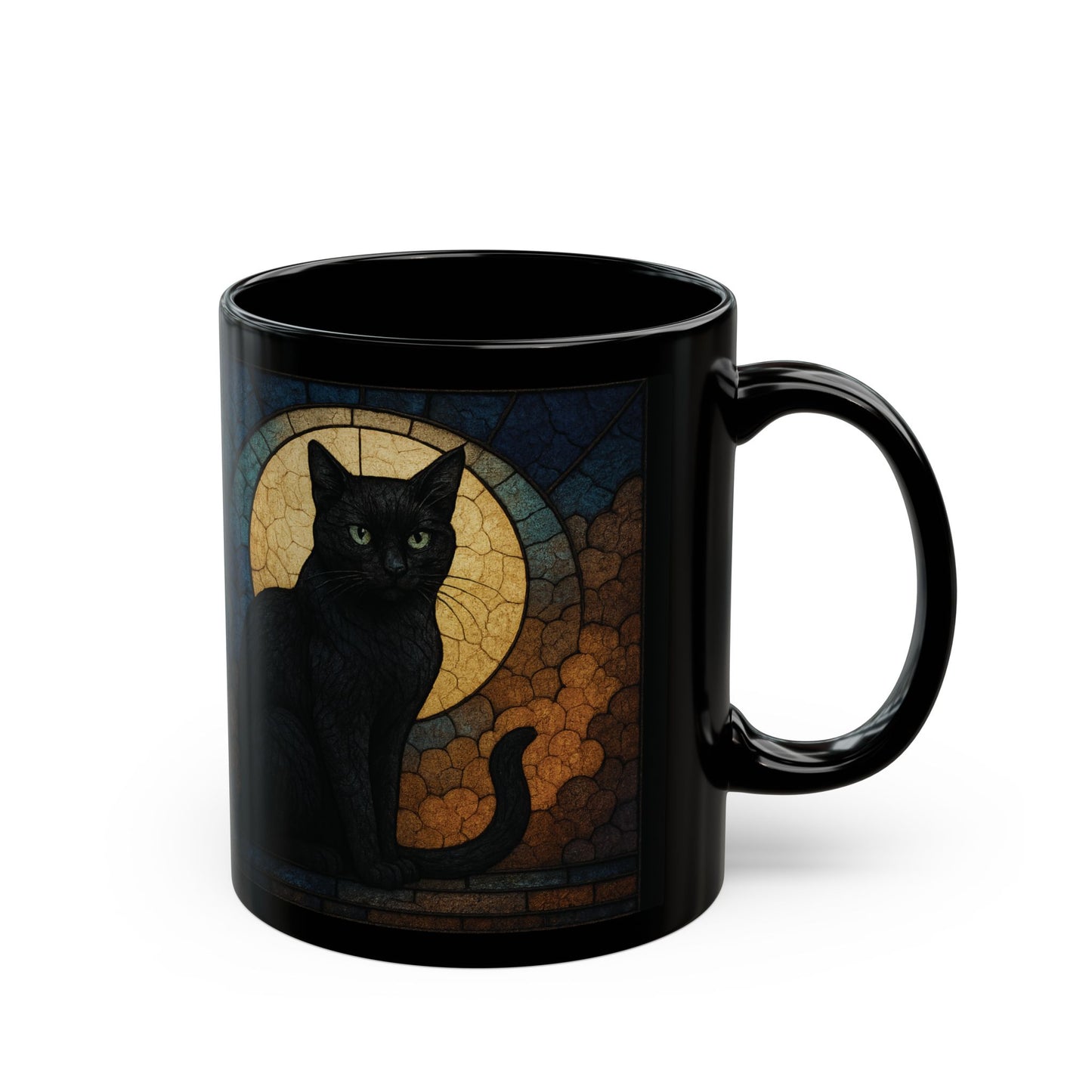 Moon Cat Stained Glass Effect Mug, Embrace the mysterious elegance with every sip, and let this cat stained glass masterpiece become your new favorite moon mug. witchy gift
