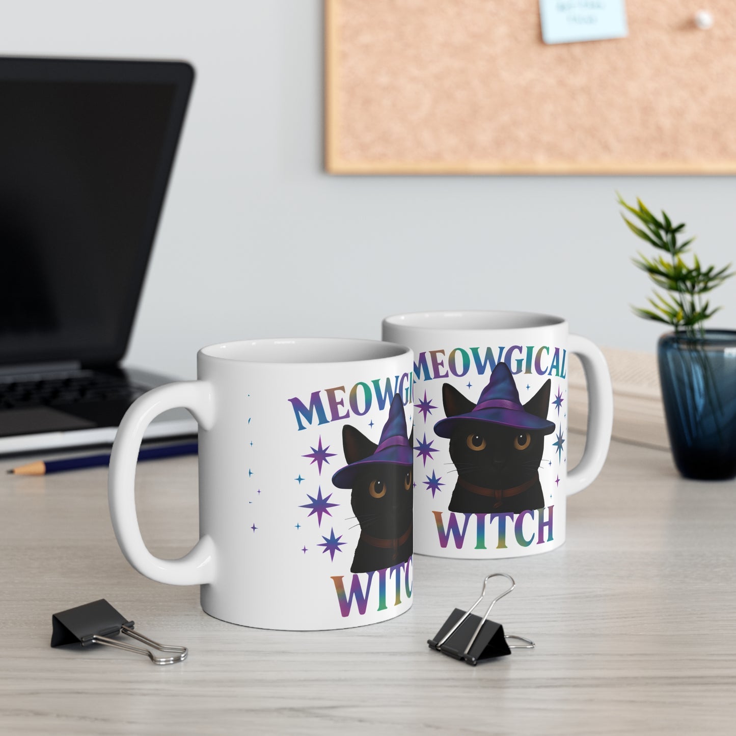 Meowgic Witch Cat Mug, This enchanting black cat mug casts a spell of delight with its whimsical design, complete with a meowgical cat adorned in witch hat.