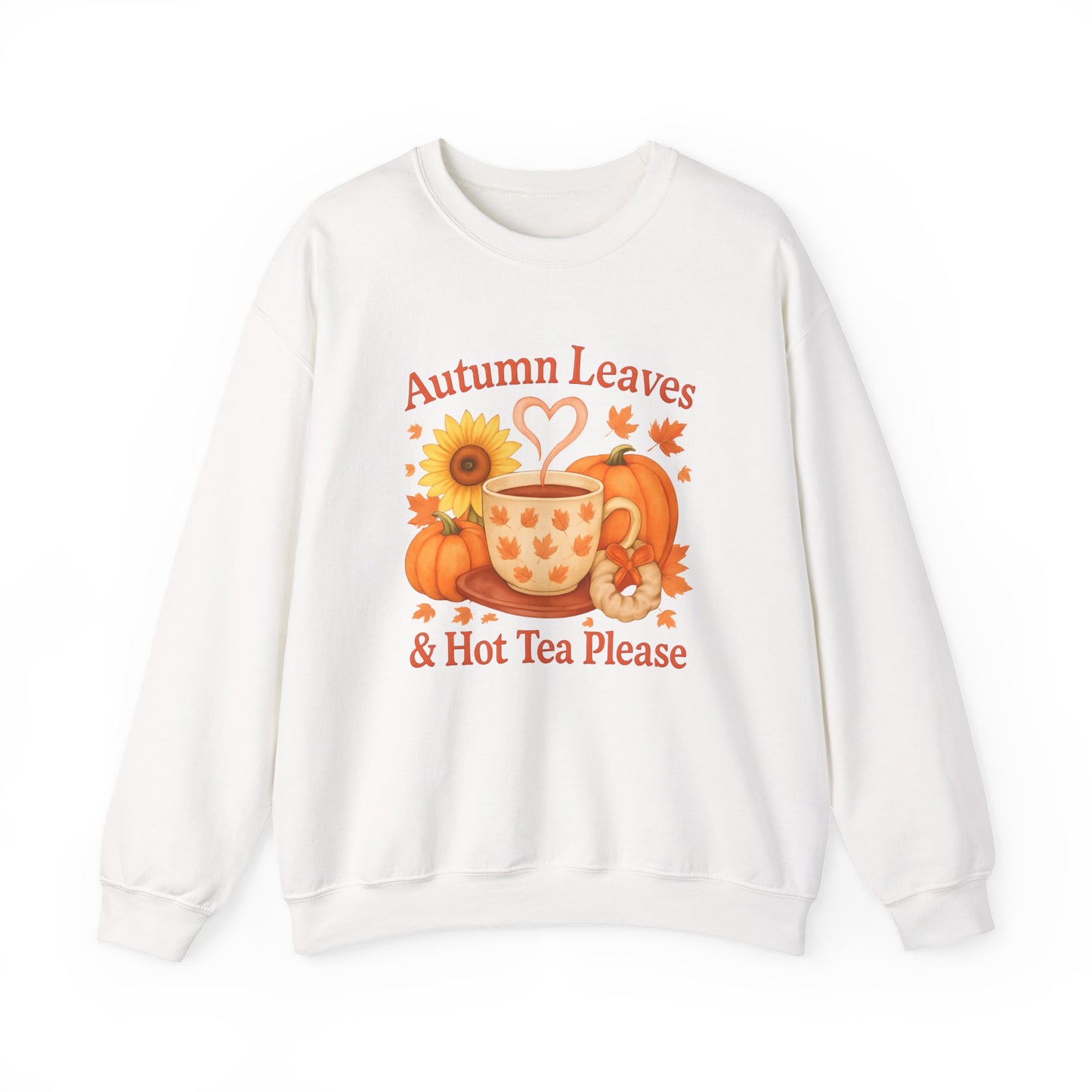 Autumnal Leaves and a Cup of Tea Sweatshirt, Imagine sipping on a warm cuppa, perhaps a delightful Yorkshire tea in a comfortable sweater.