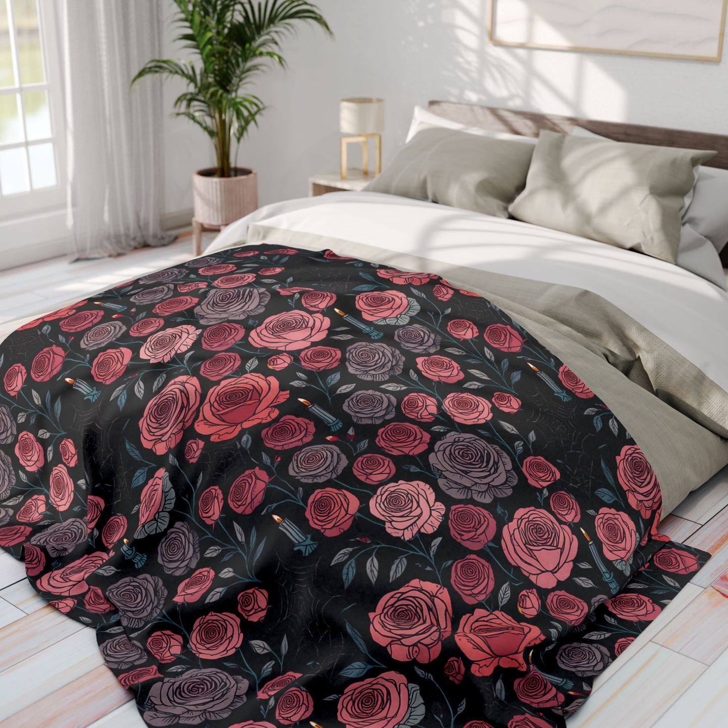 Gothic Pink Halloween Rose Blanket, Perfect as a Spooky Gift, it brings a whisper of elegance to your Halloween Decor.