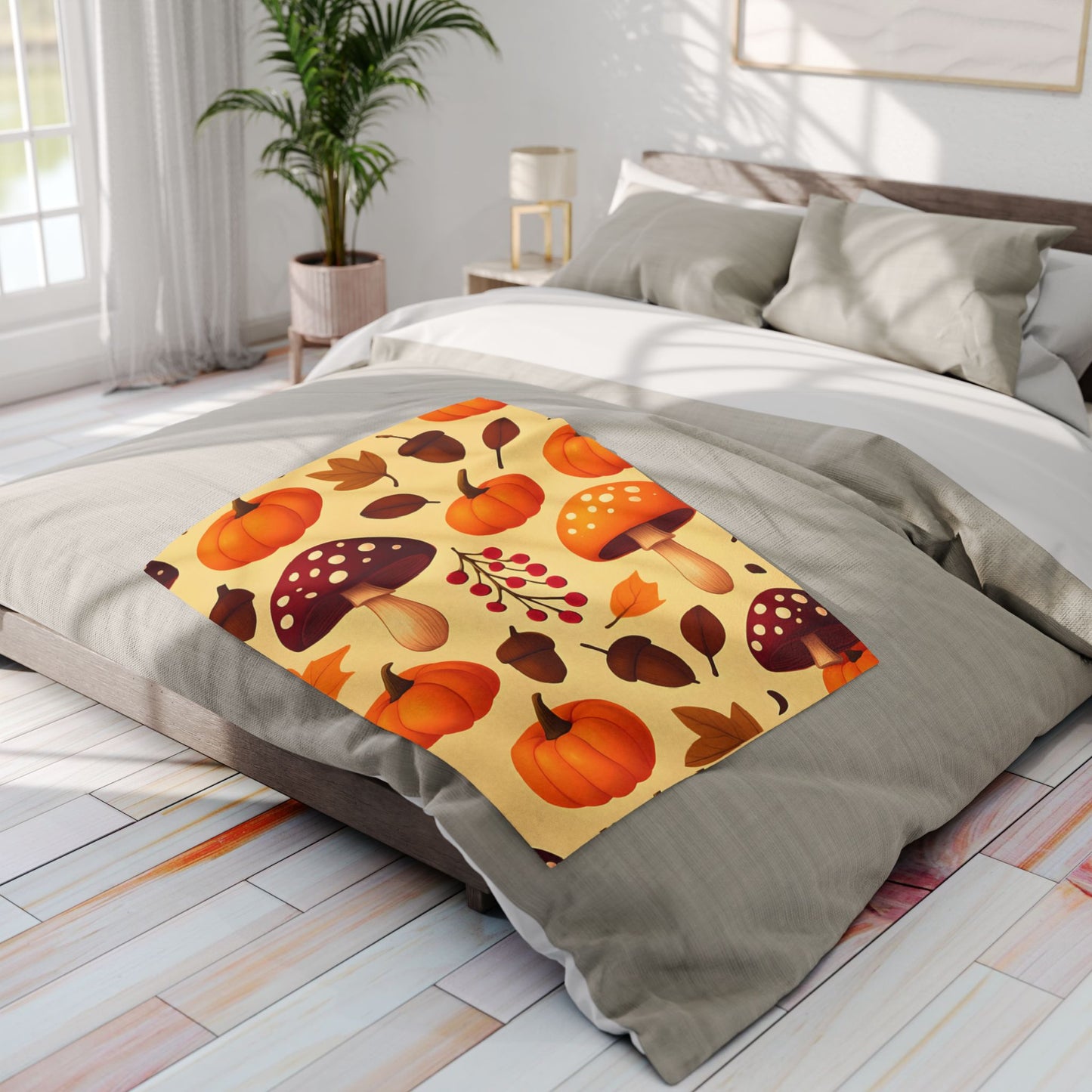 Cozy Autumn Pumpkin Blanket, This plush, cozy fleece blanket captures the essence of the season with its vibrant pumpkin and shroom motifs.