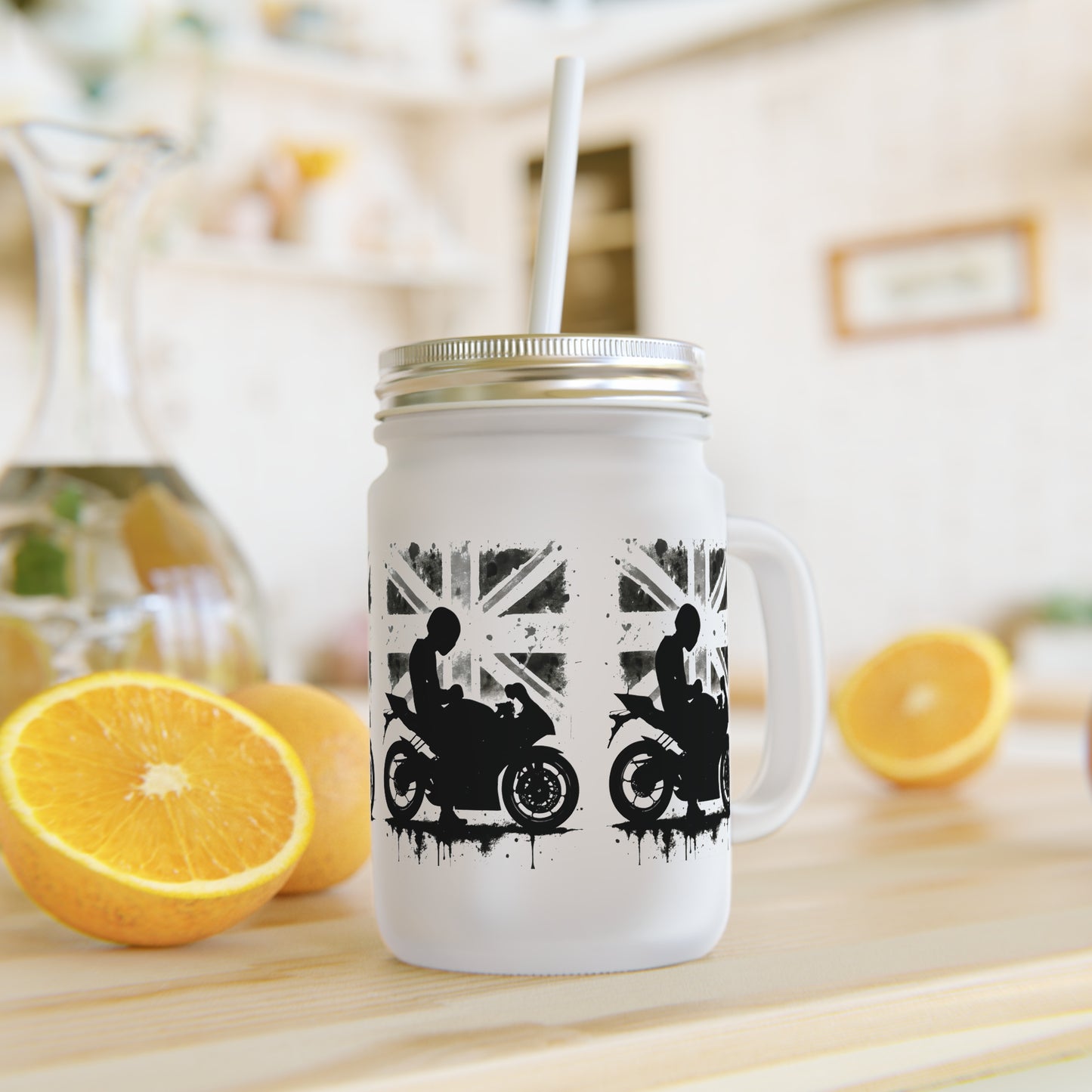 Union Jack Mason Jar with Straw, great Biker Dad Gift idea.