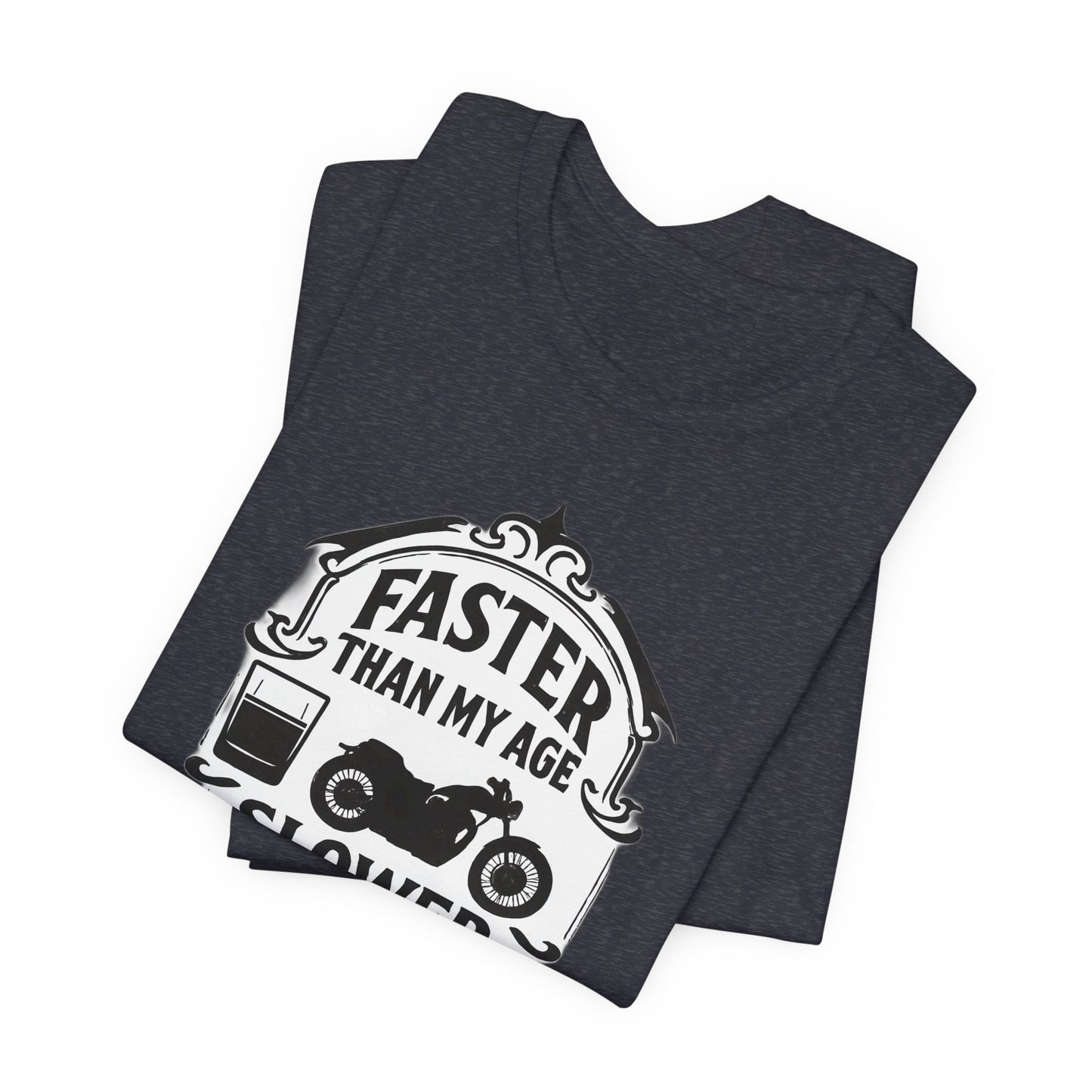 Faster Than My Age Slower Than My Whiskey T-shirt, This vintage-inspired motorbike tee is a salute to the open road, perfect as both biker apparel and a distinctive biker gift
