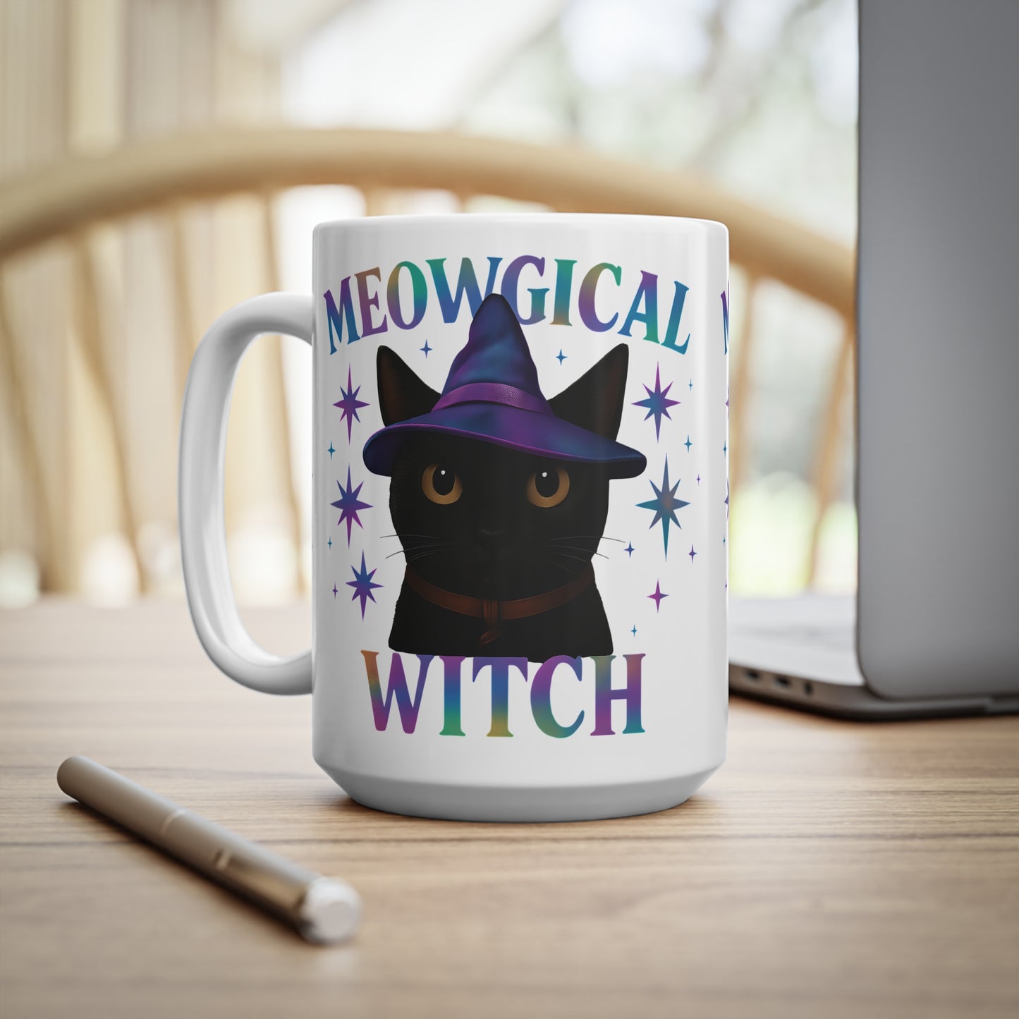 Meowgic Witch Cat Mug, This enchanting black cat mug casts a spell of delight with its whimsical design, complete with a meowgical cat adorned in witch hat.