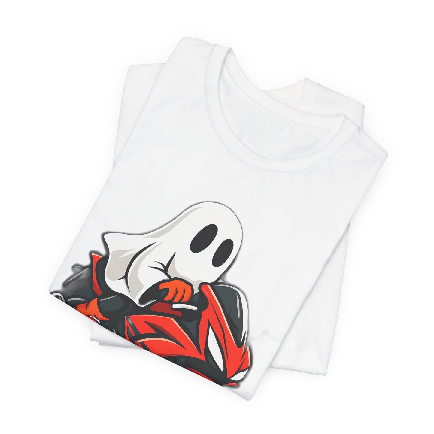 Ghosty Biker T-shirt, This ghost rider shirt captures the essence of Halloween with its hauntingly cool design, making it an essential piece for motorcycle enthusiasts who crave a dose of the supernatural.