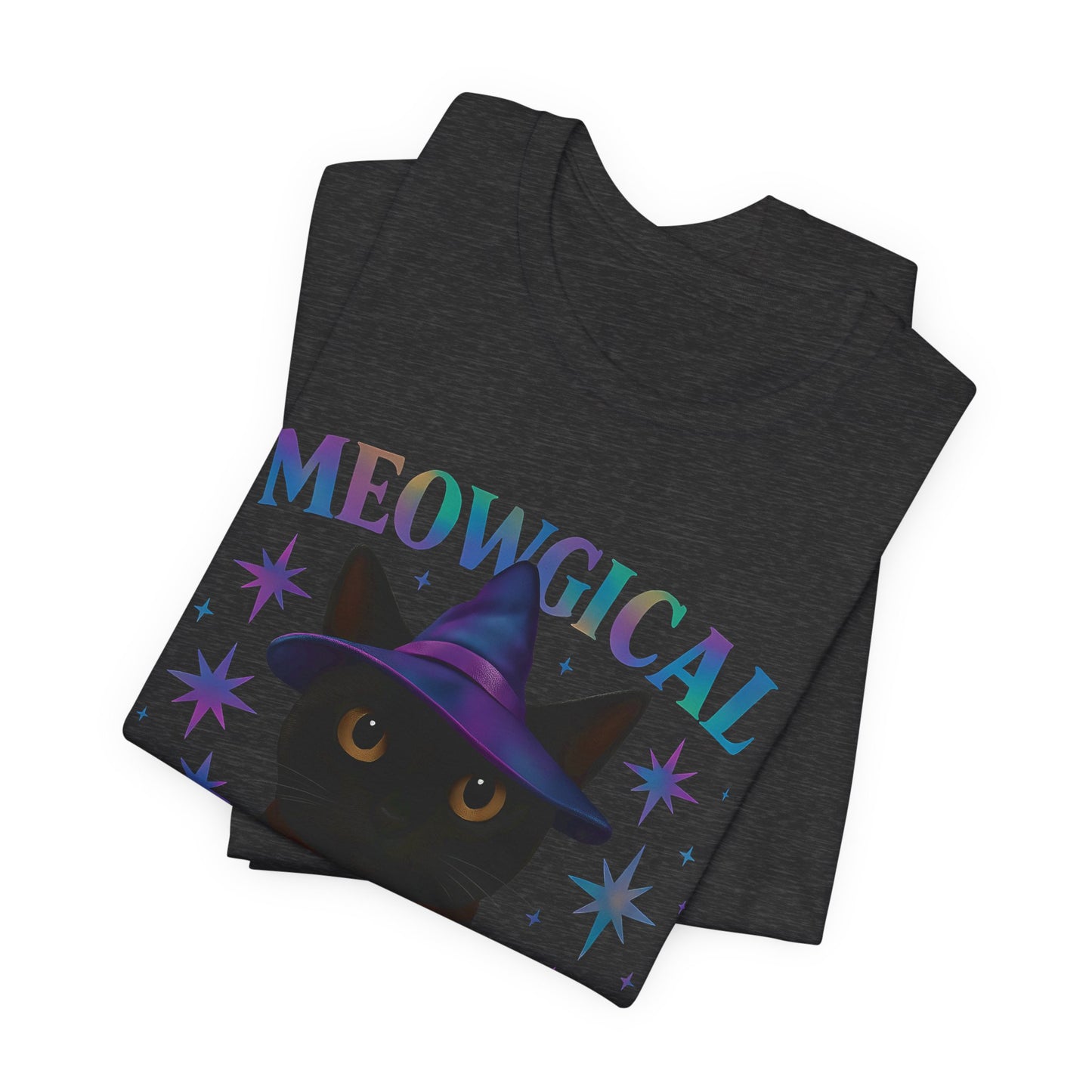 Meowgic Witch, This tee captures the essence of magical cat allure with its holographic cat design, bringing the bewitching appeal of black cats magic straight into your wardrobe