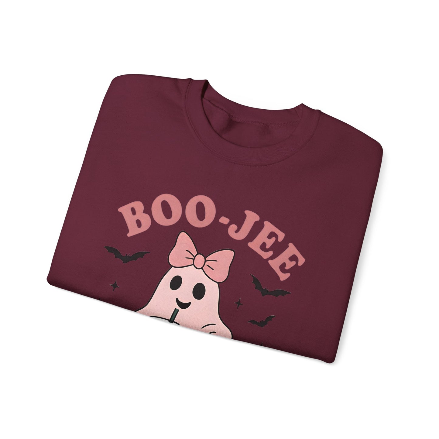 Boo-Jee Ghost Sweatshirt This playful garment, affectionately known as the boojee sweater, showcases charming ghosties adorned with a delightful pink bow.