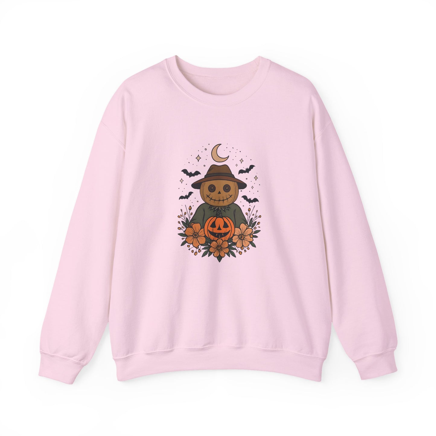 Cozy Halloween Sweatshirt with Scarecrow Design, The playful design featuring a whimsical scarecrow and autumnal elements creates a cheerful vibe, perfect for adding a festive touch to your wardrobe.