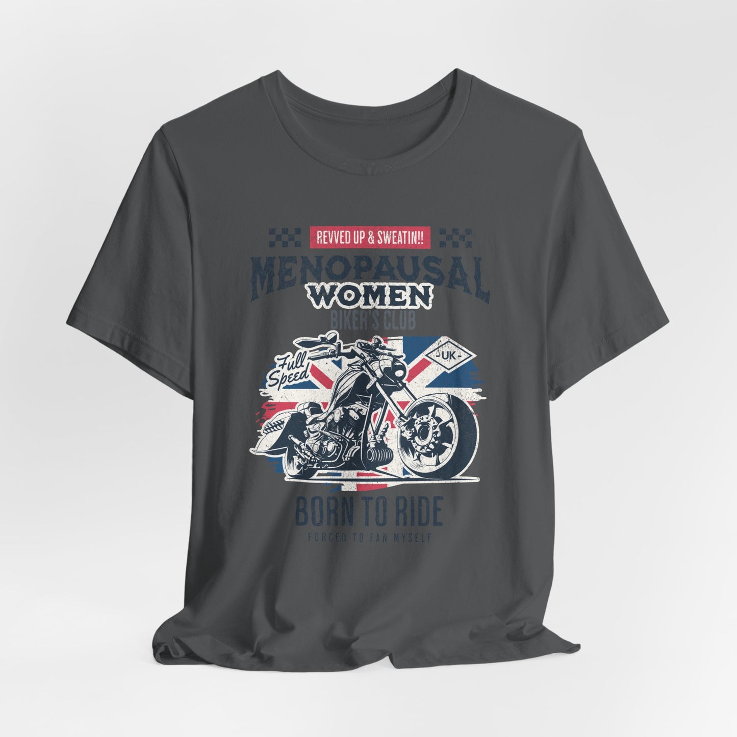 Menopausal Women's Biker Club T-Shirt, Menopause Humor Shirt, Female Biker Tee, Motorcycle Mom Gift, Moto Mama Shirt, Union Jack, Biker Babe