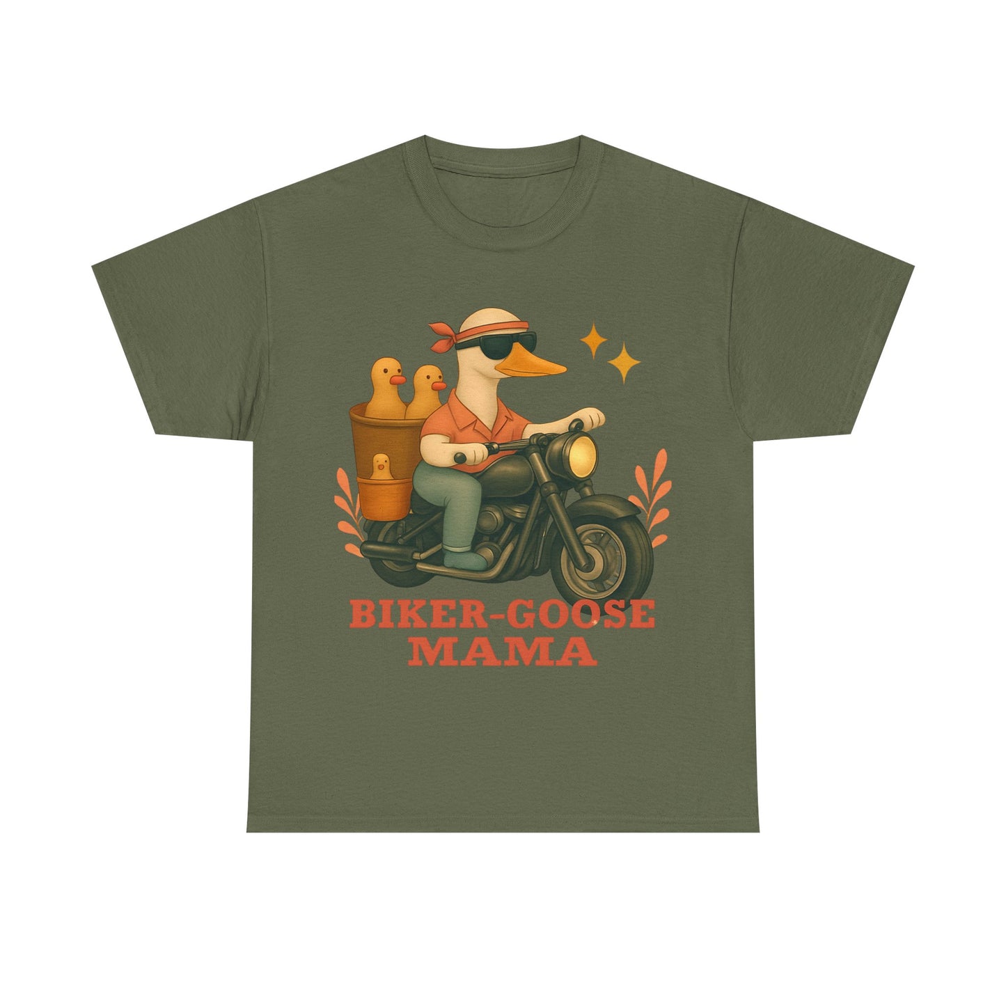 Silly Goose Biker Tee, a fun and quirky tee for those who love motorcycles and geese, silly goose fan club.