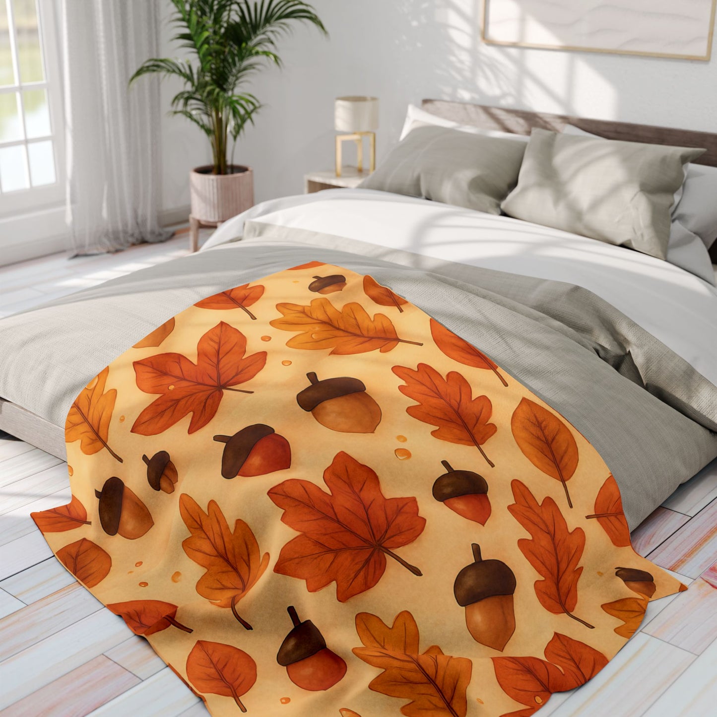 Autumnal Leaf Blanket Throw, This soft cozy blanket, adorned with intricate oak leaf acorn patterns, seamlessly captures the essence of the autumn eason