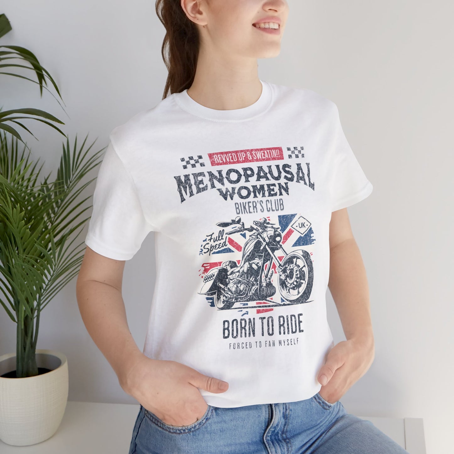 Menopausal Women's Biker Club T-Shirt, Menopause Humor Shirt, Female Biker Tee, Motorcycle Mom Gift, Moto Mama Shirt, Union Jack, Biker Babe