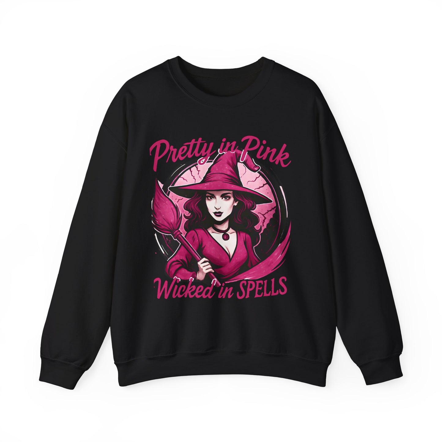 Pretty in Pink Witchy Sweatshirt, a unique twist to your girly Halloween ensemble, with a sprinkle of glitter witch vibrance.