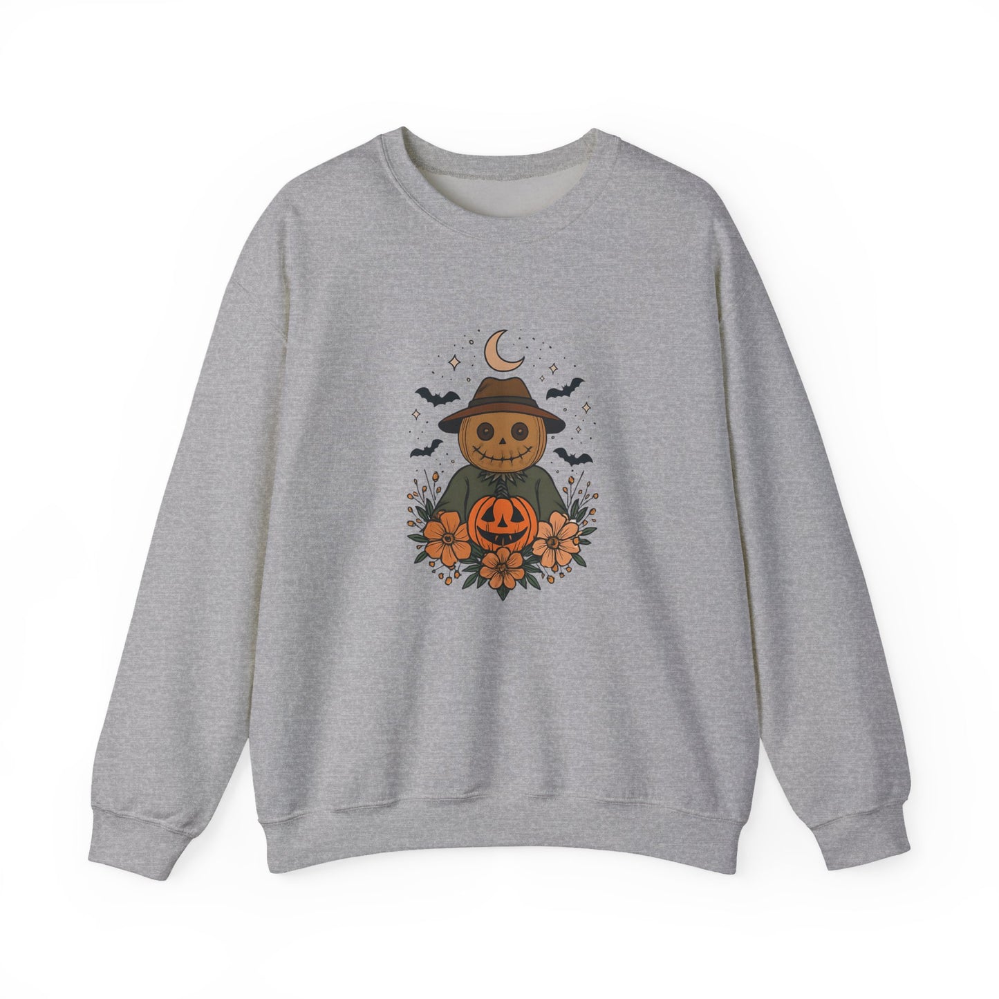 Cozy Halloween Sweatshirt with Scarecrow Design, The playful design featuring a whimsical scarecrow and autumnal elements creates a cheerful vibe, perfect for adding a festive touch to your wardrobe.