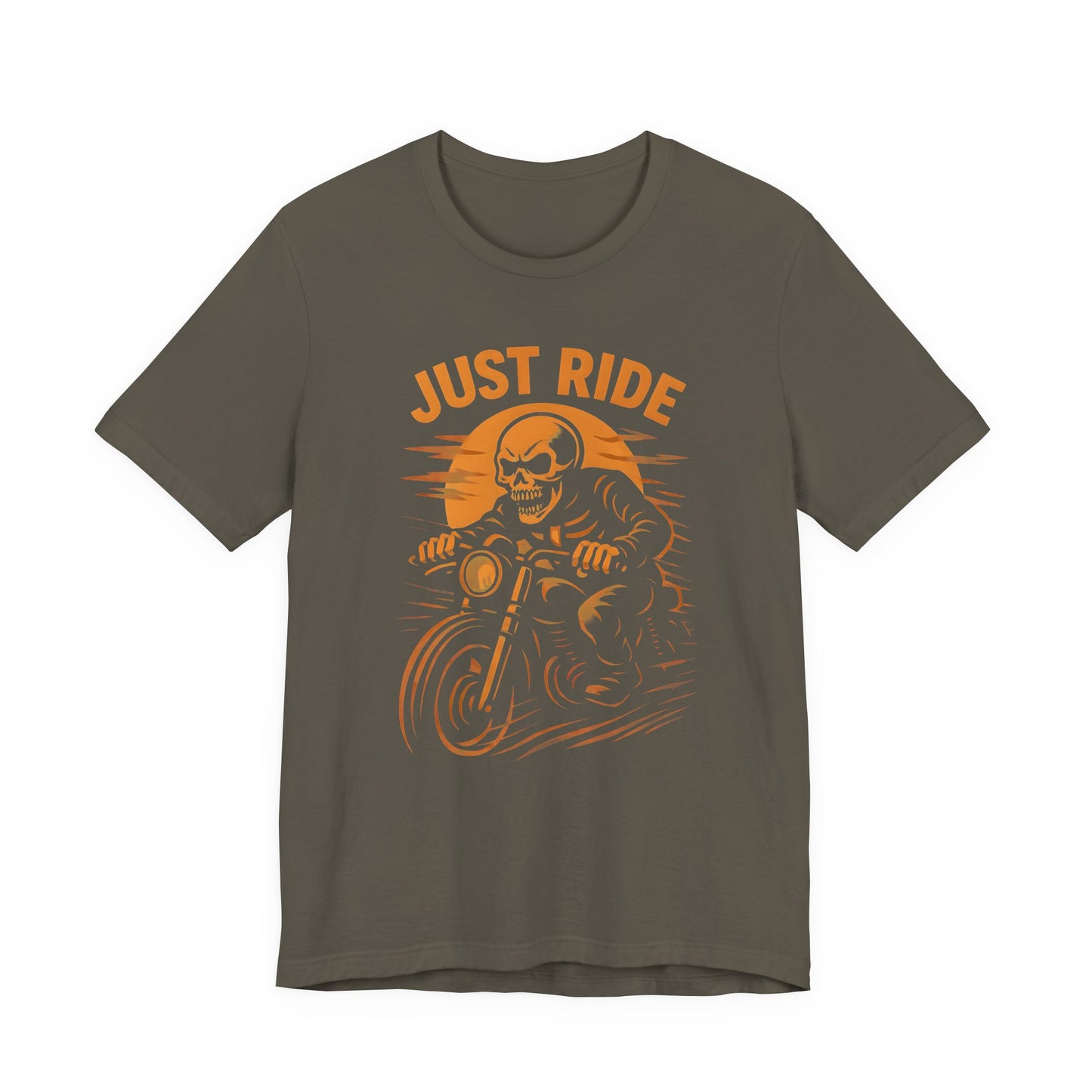 Just Ride Skull Motorcycle T-Shirt, Featuring a striking skull graphic tee design, it captures the essence of the open road, making it a perfect ghost rider shirt for enthusiasts.