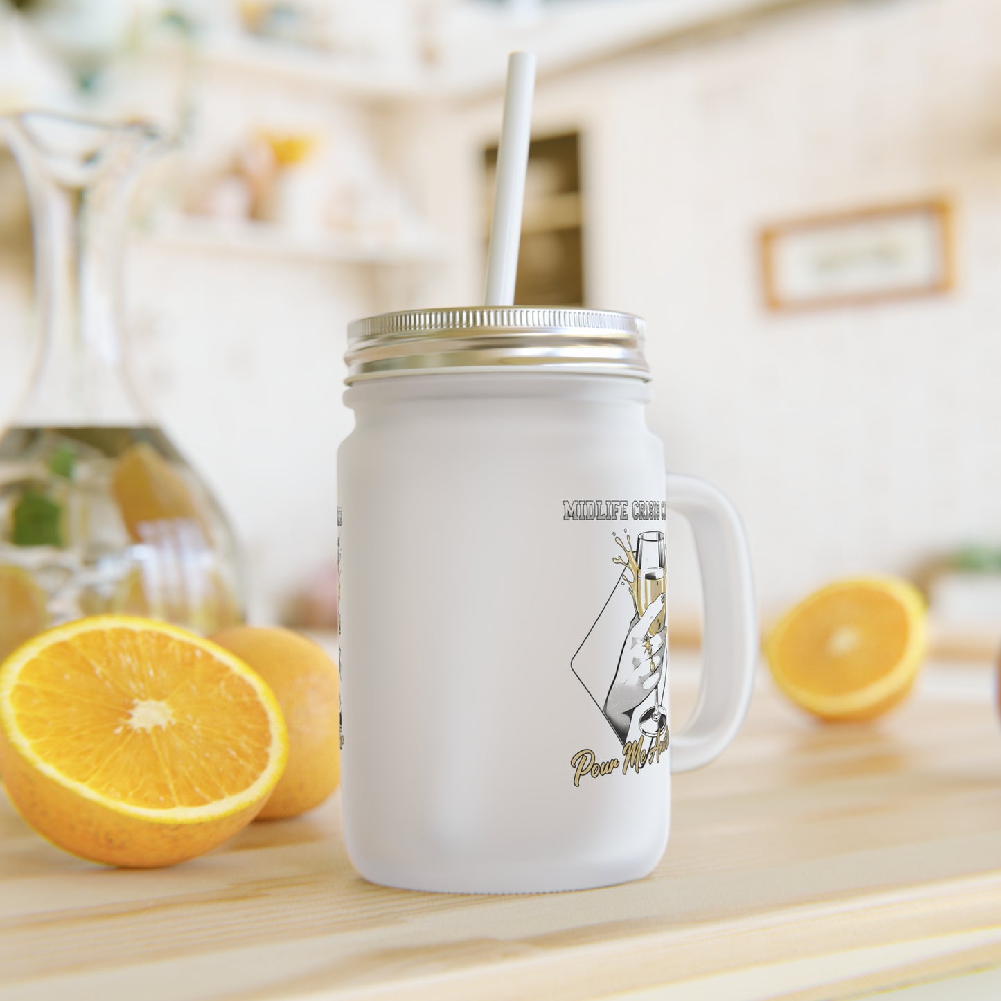Frosted Drinking Glass Mason Jar With Straw, Midlife crisis Club.
