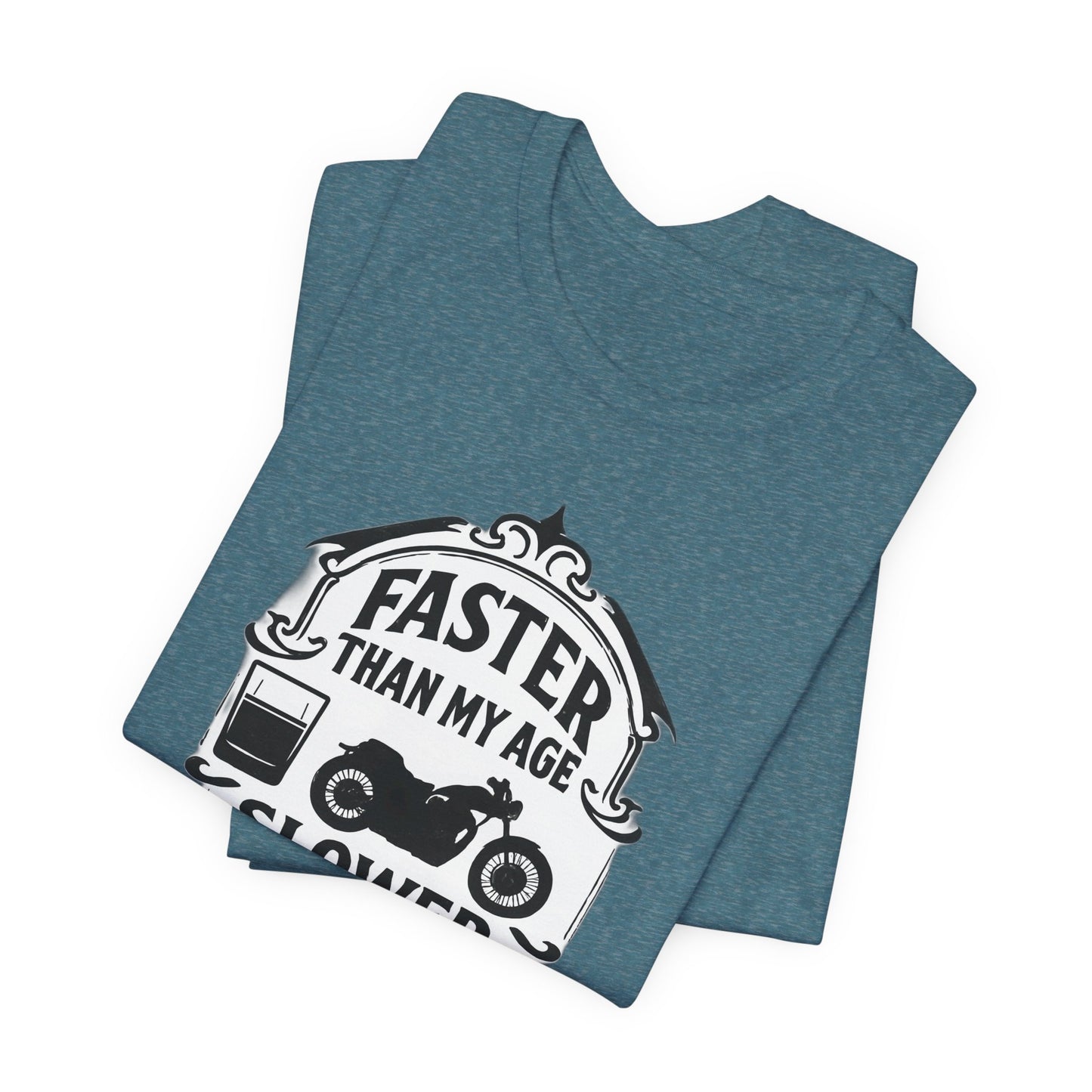 Faster Than My Age Slower Than My Whiskey T-shirt, This vintage-inspired motorbike tee is a salute to the open road, perfect as both biker apparel and a distinctive biker gift
