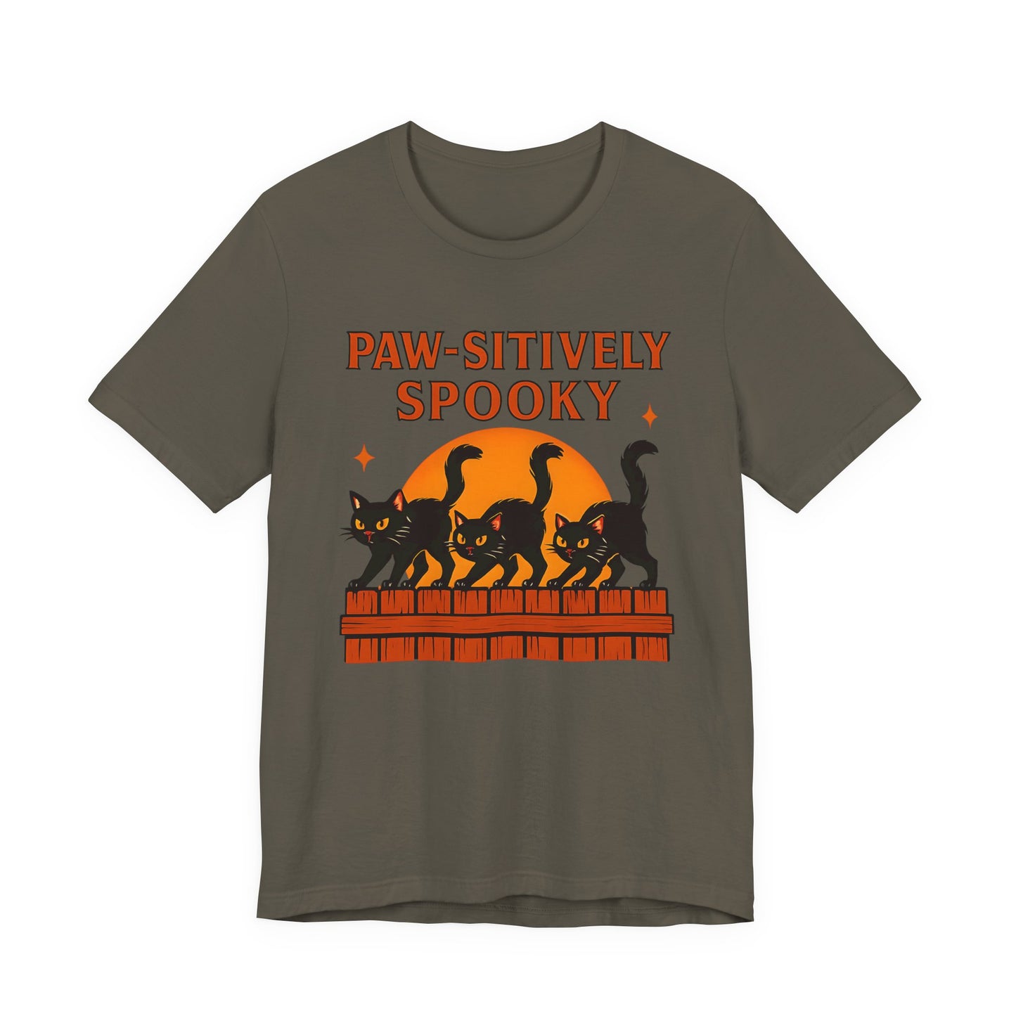 Paw-sitively Spooky Cat Tshirt, Whether you're a devoted cat dad or gifting it to a feline-loving friend, this cute Halloween cat apparel spreads pawsitive vibes with its blend of spooky black cats and cheeky charm.