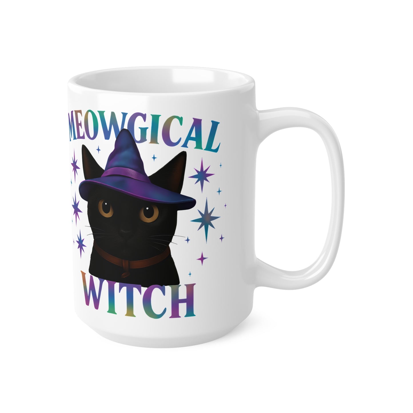 Meowgic Witch Cat Mug, This enchanting black cat mug casts a spell of delight with its whimsical design, complete with a meowgical cat adorned in witch hat.