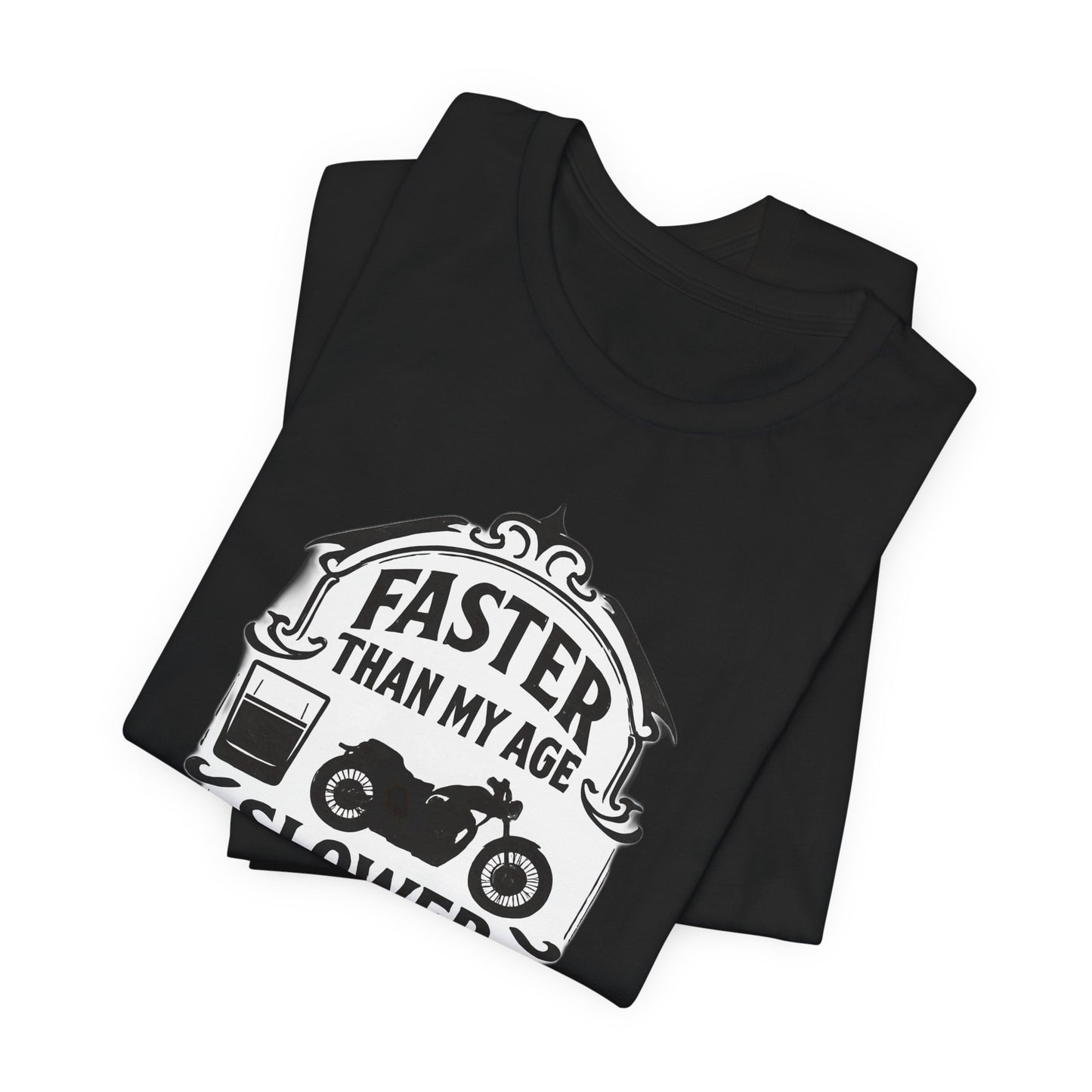 Faster Than My Age Slower Than My Whiskey T-shirt, This vintage-inspired motorbike tee is a salute to the open road, perfect as both biker apparel and a distinctive biker gift