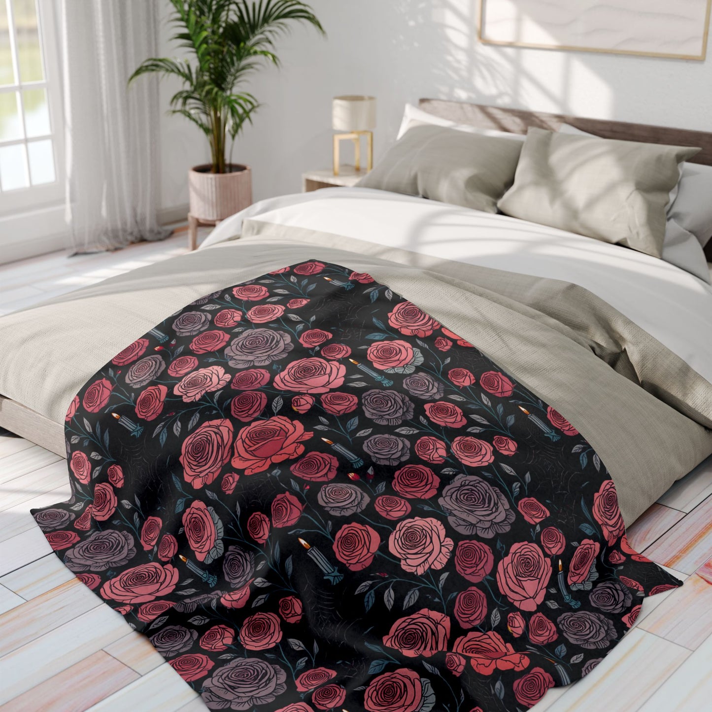 Gothic Pink Halloween Rose Blanket, Perfect as a Spooky Gift, it brings a whisper of elegance to your Halloween Decor.