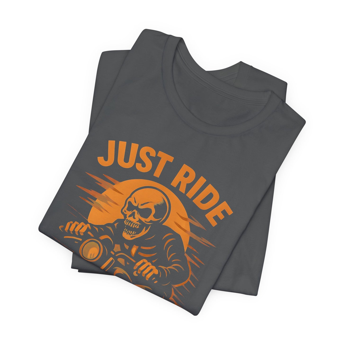 Just Ride Skull Motorcycle T-Shirt, Featuring a striking skull graphic tee design, it captures the essence of the open road, making it a perfect ghost rider shirt for enthusiasts.