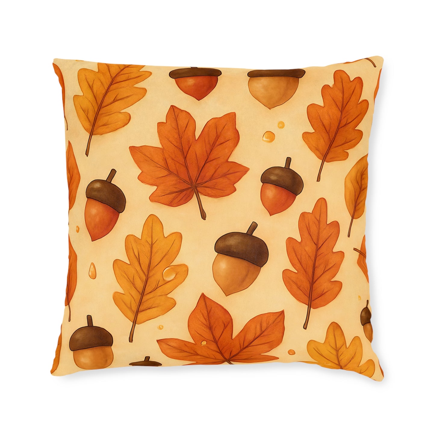 Autumnal Leaf Acorn Pillow, A tapestry of rich golden hues and crisp details, this autumn leaves pillow captures the essence of a forest carpeted with leaves, softening your space with its warm charm.
