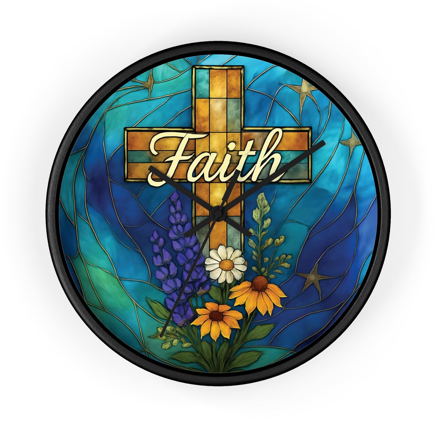 Christianity Faith Cross Stained Glass Effect Wall Clock, Perfect as a Christian clock or as thoughtful Christianity gifts.