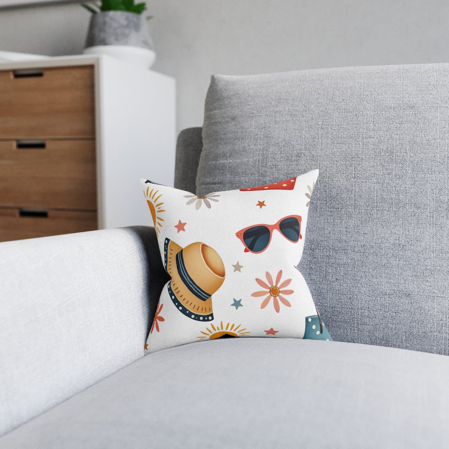 Sunny Day Square Pillow, bring a playful touch to any space. Its bright colours and fun patterns create a cheerful atmosphere.