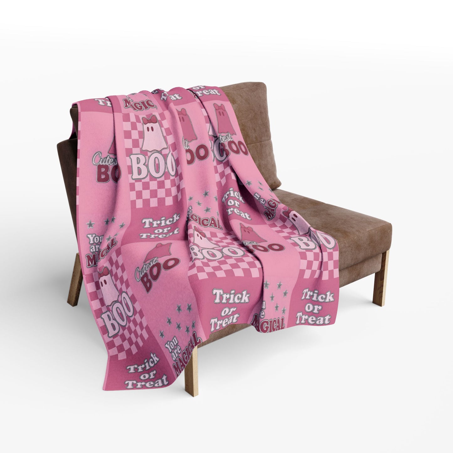 Cutest Boo Pink Ghost Blanket, This soft and fluffy throw features charming ghosties dancing across a playful pink canvas, making it the perfect snuggle blanket for cozy nights in.