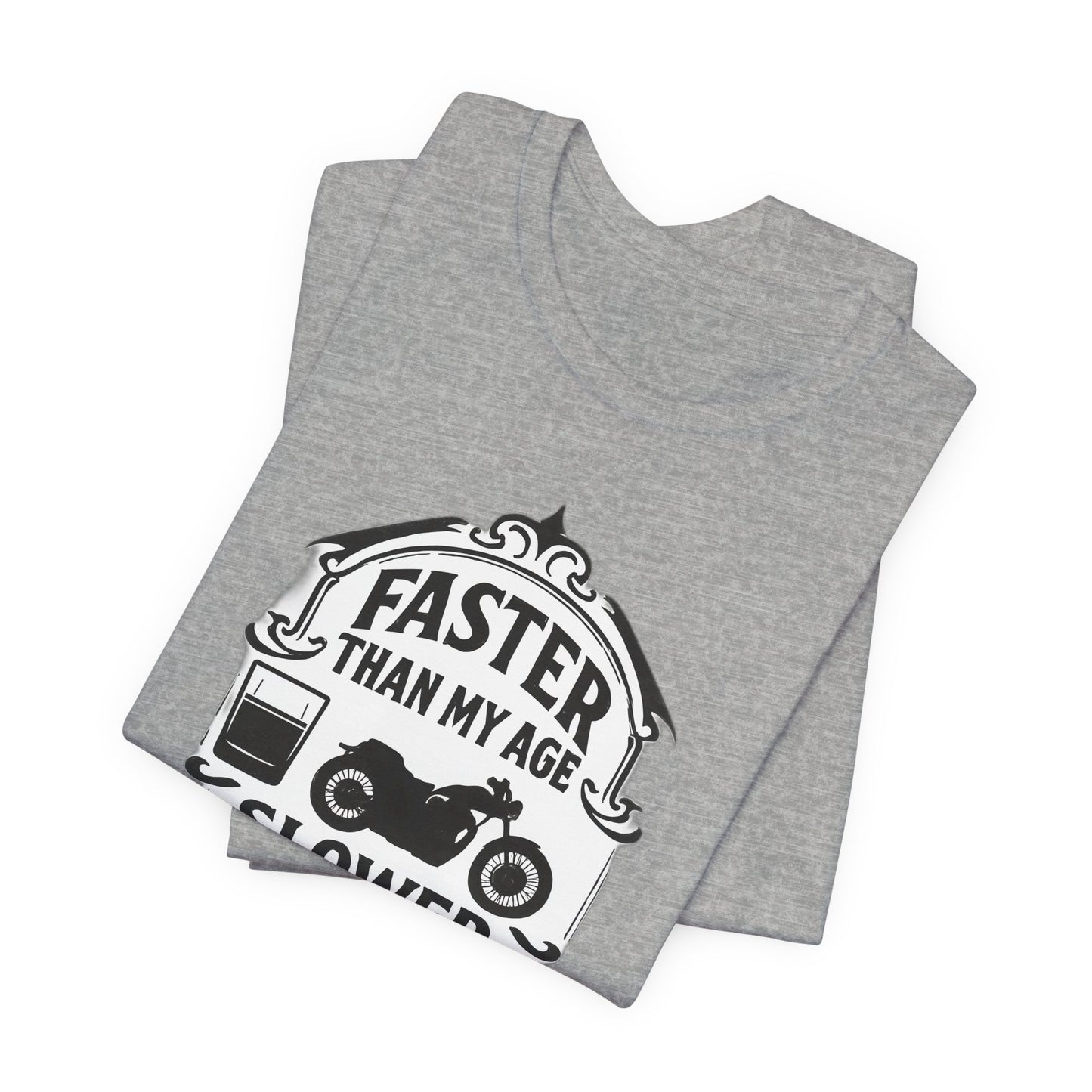 Faster Than My Age Slower Than My Whiskey T-shirt, This vintage-inspired motorbike tee is a salute to the open road, perfect as both biker apparel and a distinctive biker gift