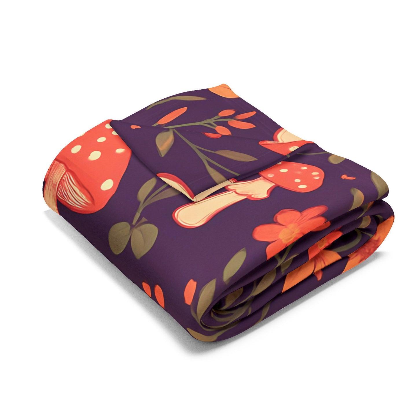 Cozy Mushroom Blanket, The enchanting mushroom pattern, set against a rich plum throw, turns any sofa into an autumnal paradise.