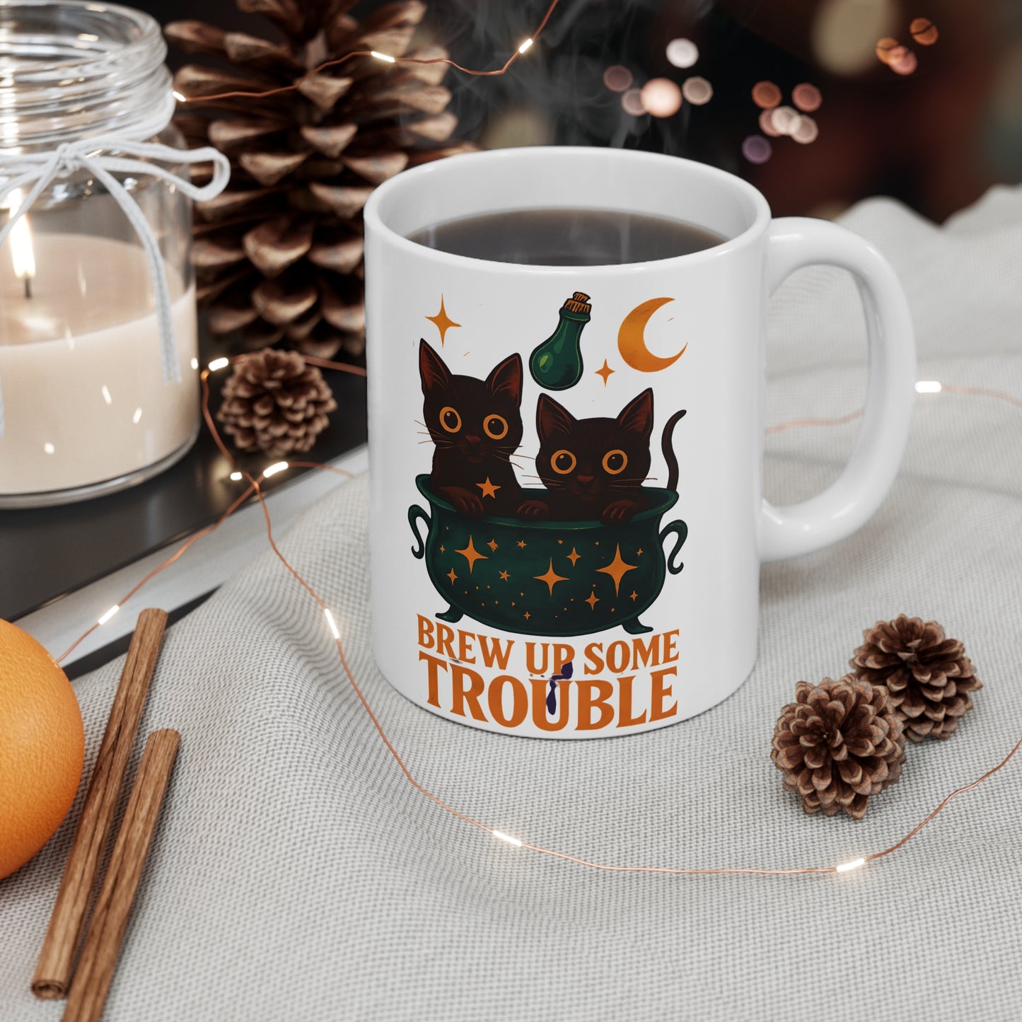 Brew Up Some Trouble Cat Mug, This enchanting black cats coffee mug is a spellbinding addition to your morning routine, ,cat dad
