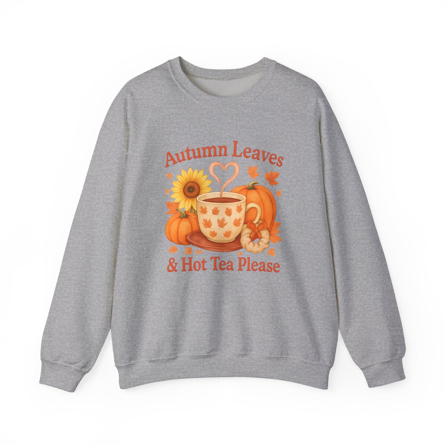 Autumnal Leaves and a Cup of Tea Sweatshirt, Imagine sipping on a warm cuppa, perhaps a delightful Yorkshire tea in a comfortable sweater.