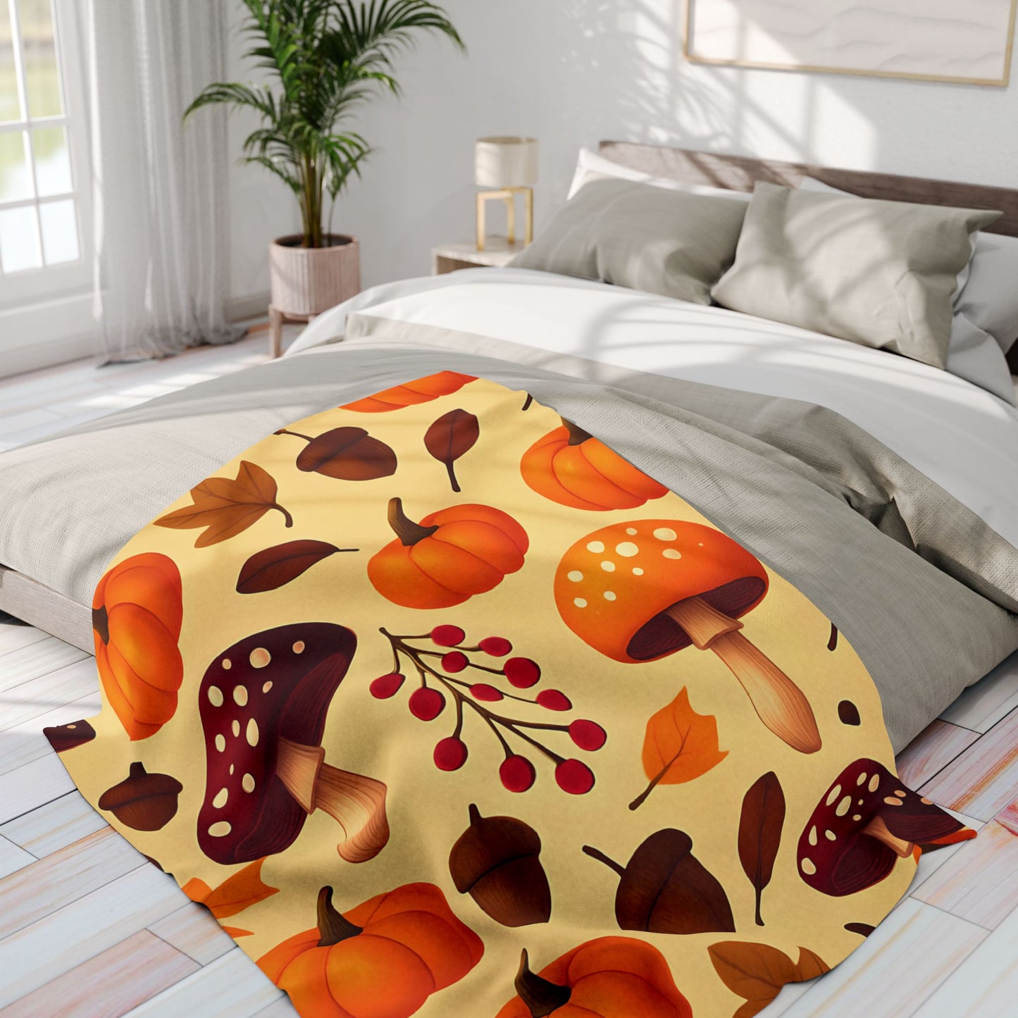 Cozy Autumn Pumpkin Blanket, This plush, cozy fleece blanket captures the essence of the season with its vibrant pumpkin and shroom motifs.