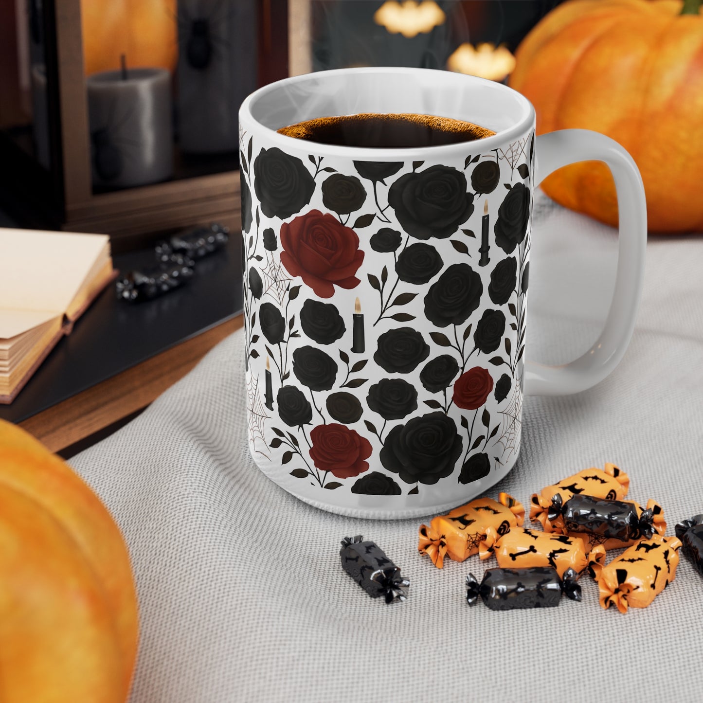 Gothic Rose Halloween Mug, a mystical blend of elegance and enchantment,adorned with intricately designed roses, making every sip feel like a spellbinding experience, Perfect for your morning brew.