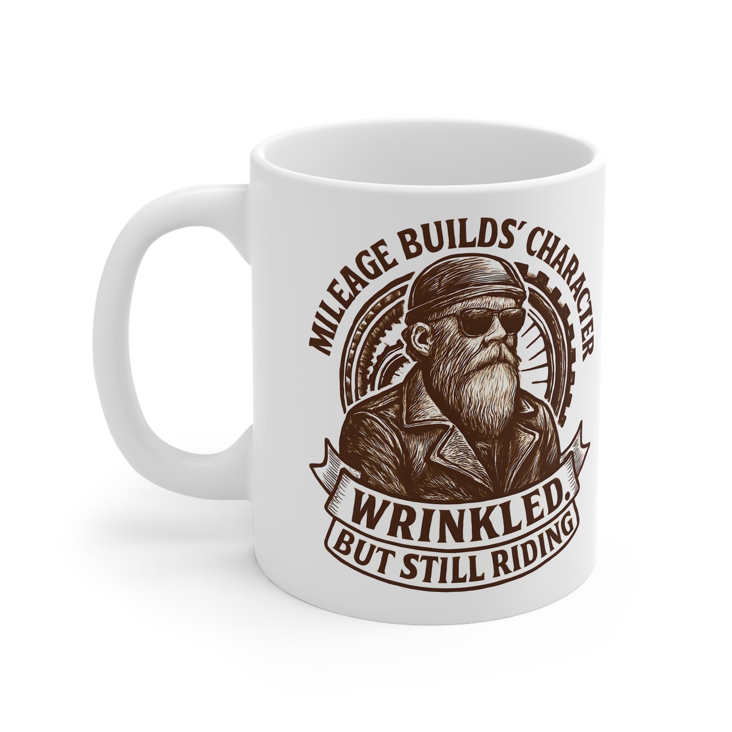 Mileage Builds Character Mug, Whether you're gifting it to a fellow rider or indulging in a biker coffee mug for yourself, it's more than just a drink; it's a tribute to the timeless adventure that says, "you're never too old."