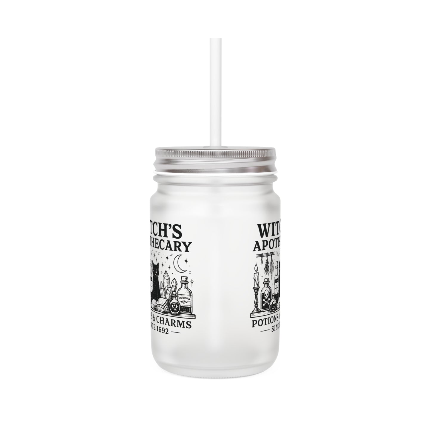 Frosted Glass Mason Jar, Witch Apothecary Design, Mason Jar with Straw, Eco Friendly Witchy Cup, Witchy Gifts for Her,Witchcore Cup