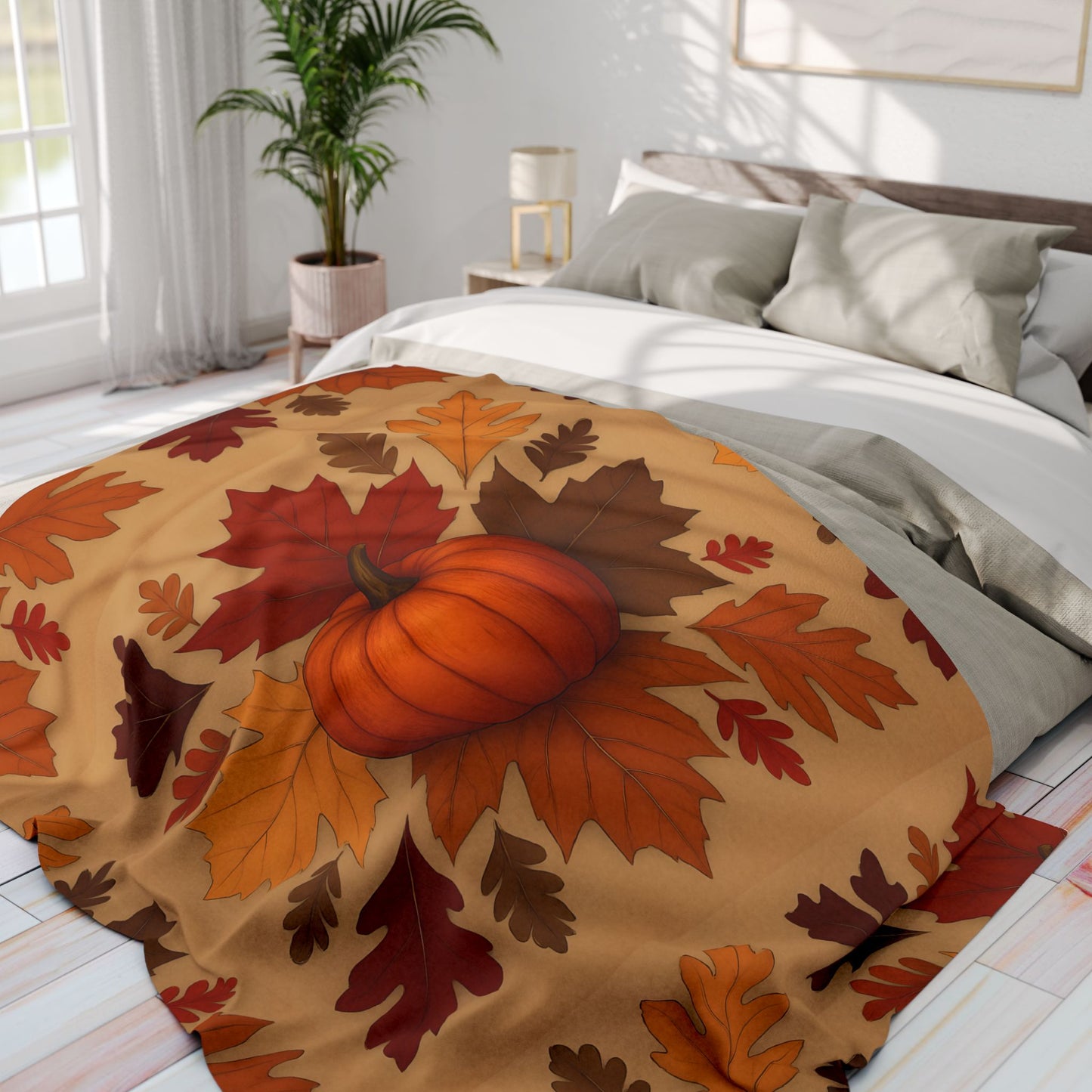 Autumn Leaves and Pumpkin Blanket, this comfy blanket is an autumn symphony for your senses. Perfect as a snuggle blanket for chilly nights or an elegant addition to your autumn decorations.