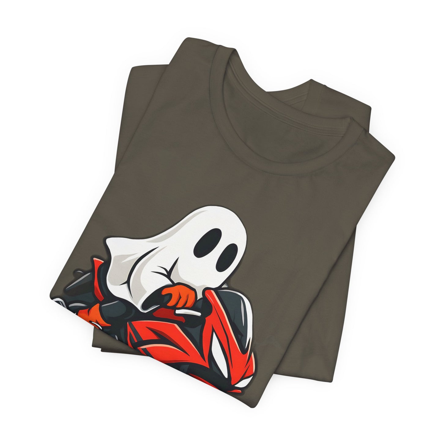 Ghosty Biker T-shirt, This ghost rider shirt captures the essence of Halloween with its hauntingly cool design, making it an essential piece for motorcycle enthusiasts who crave a dose of the supernatural.