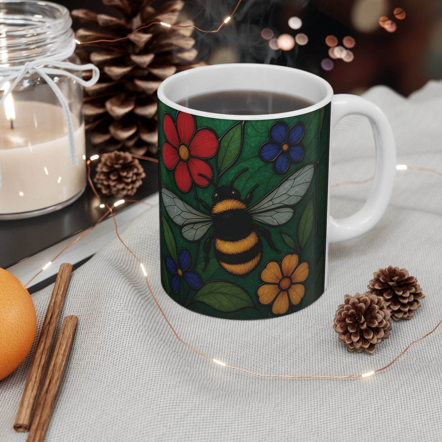 Bumblebee Mug Stained Glass Effect, Perfect for any bee lover, this bee coffee mug captures the delicate beauty of a bustling garden scene, making it an ideal bee lover gift or beekeeper gift.